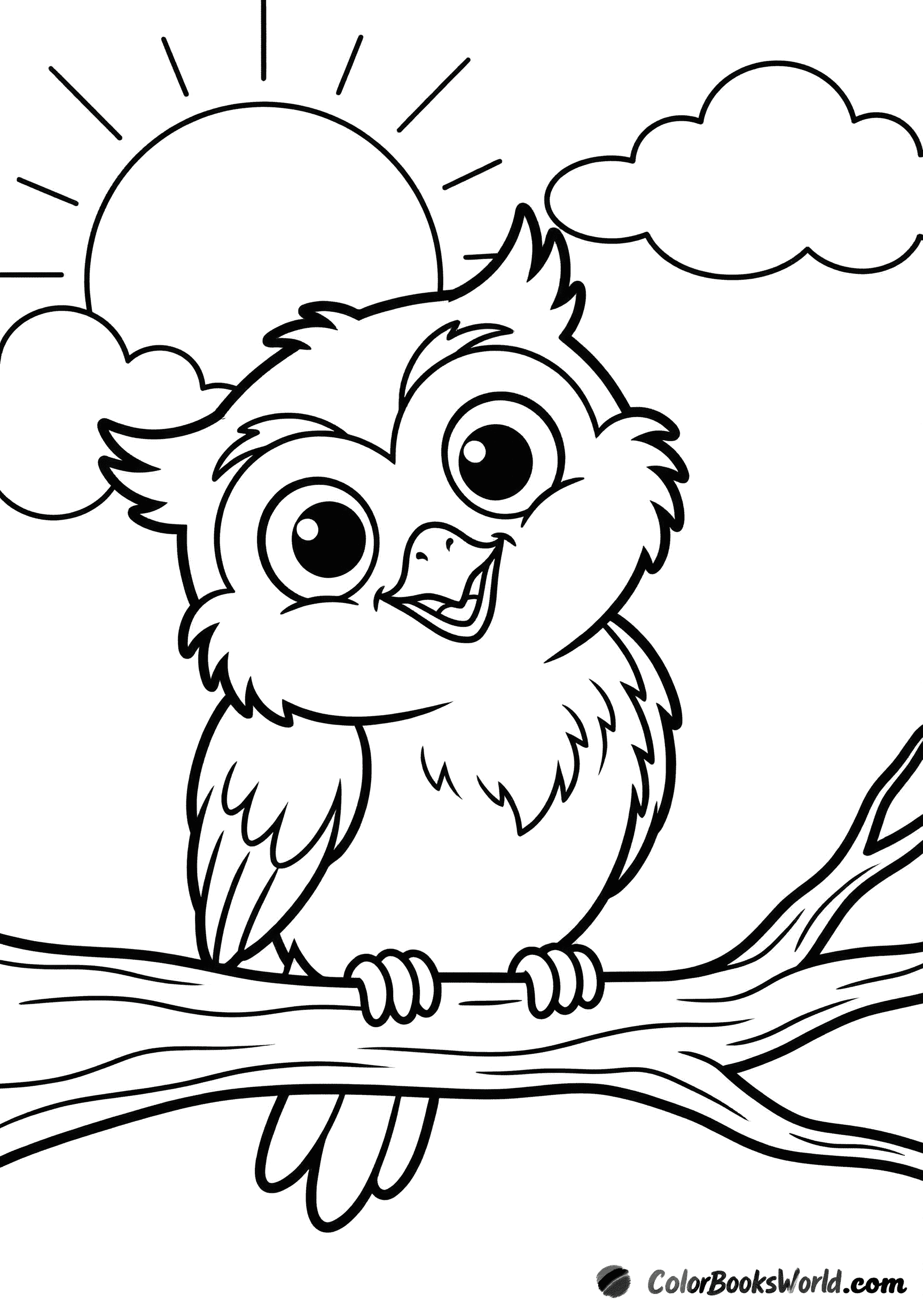 A cute big-eyed cartoon owl perched on a branch at sunrise, with fluffy clouds in the background.