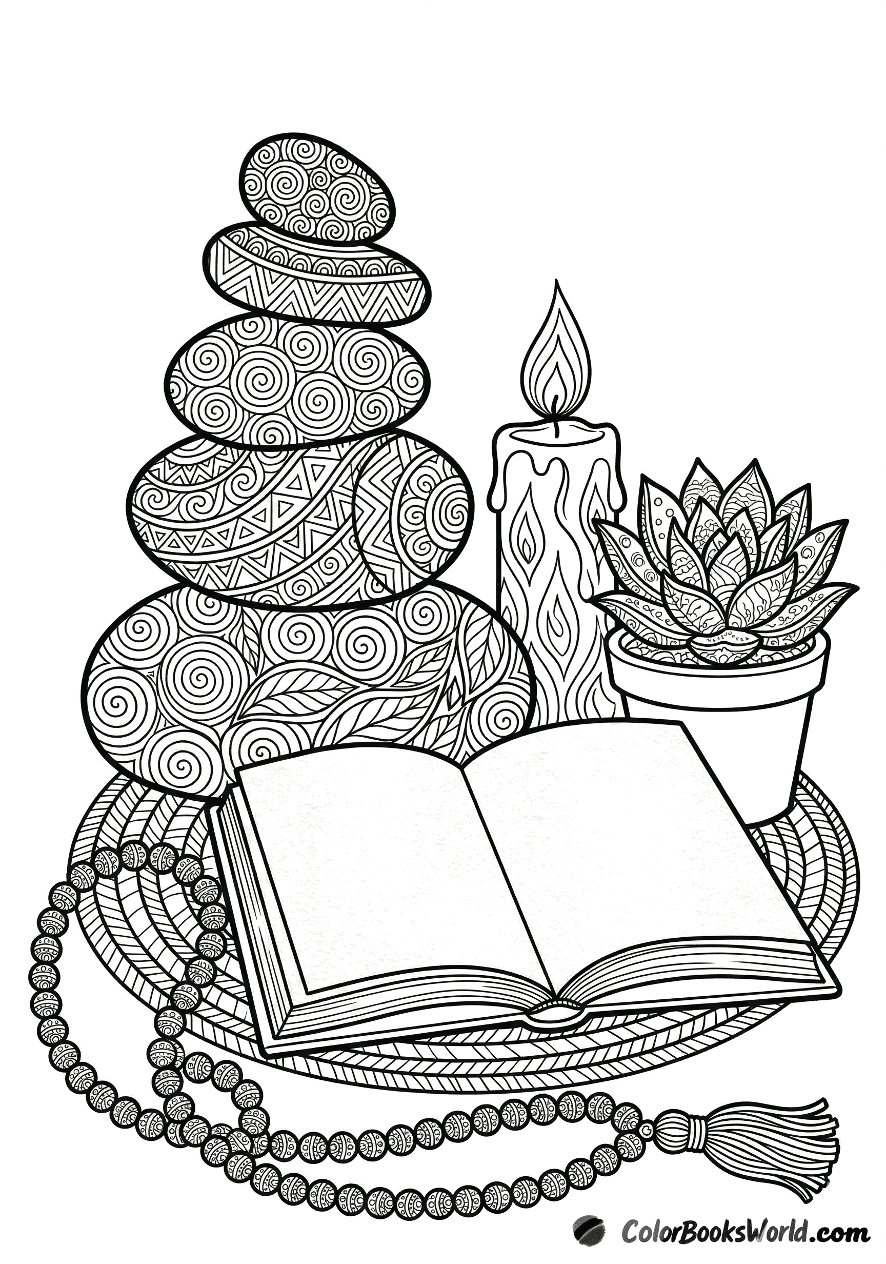 A detailed coloring page featuring stacked zen stones, a candle, an open blank journal, a plant, and mala beads.