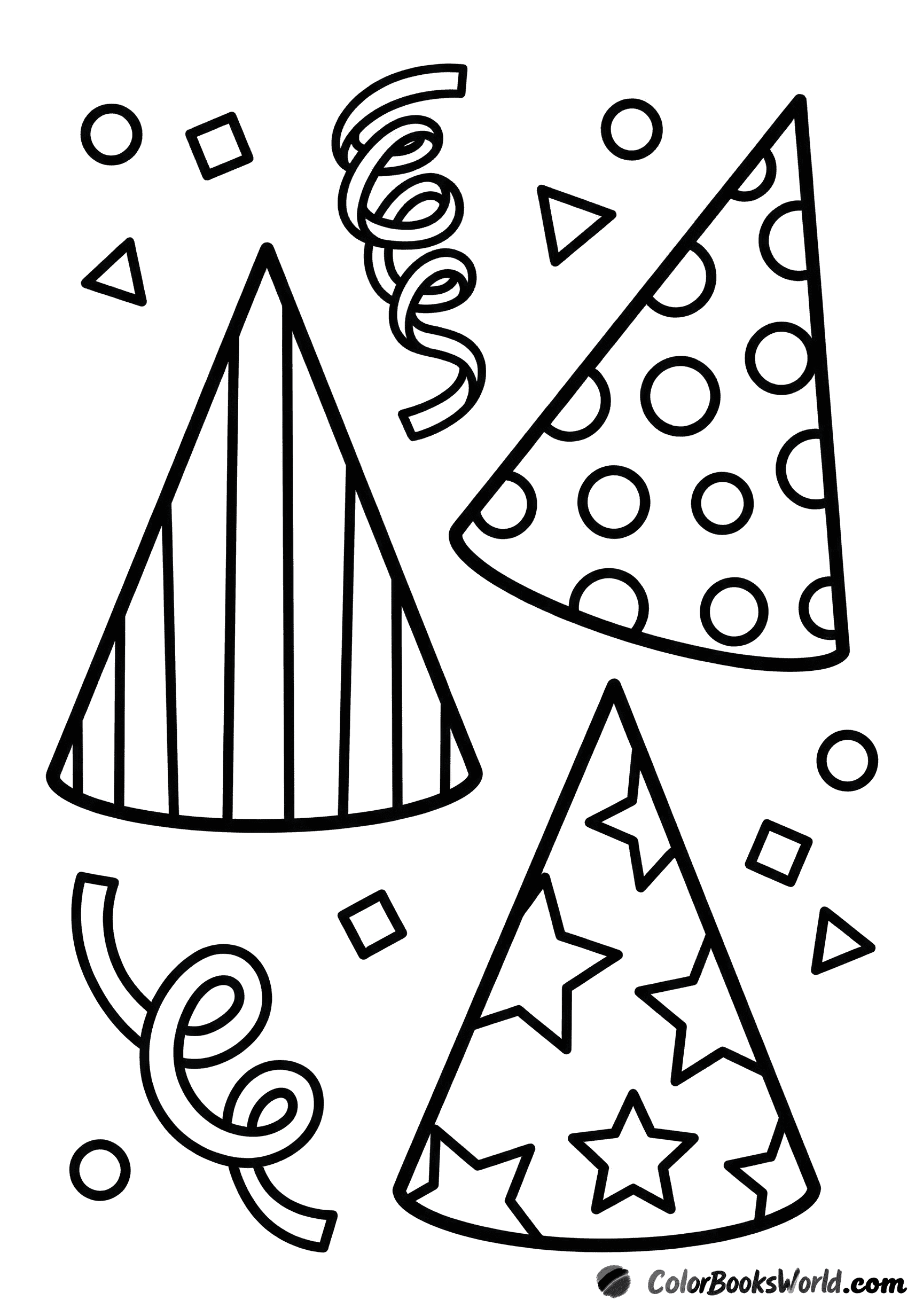 Three patterned cone party hats with scattered confetti and a curled streamer.