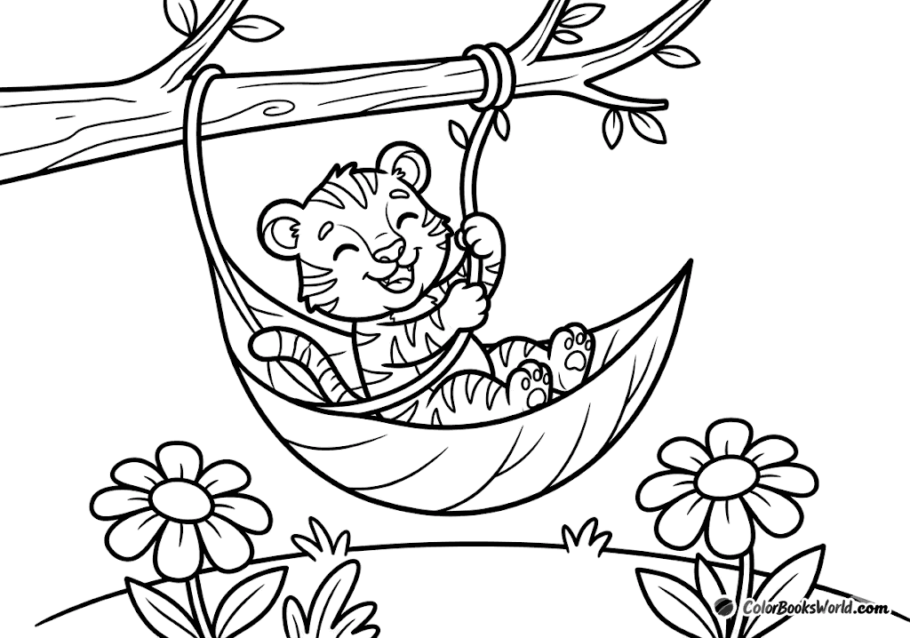 A joyful tiger cub swings on a large leaf hanging from a vine above a meadow with daisies.