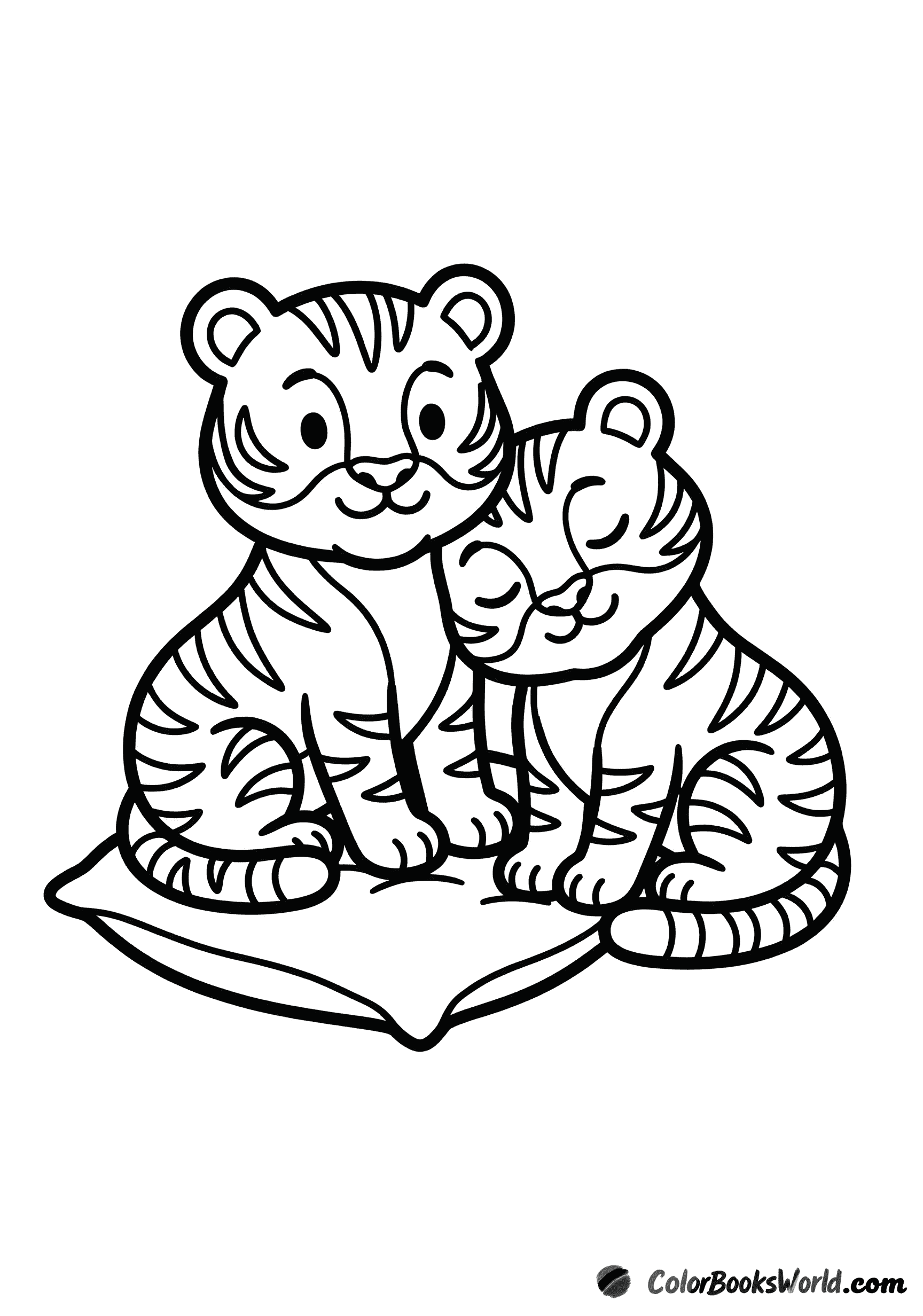 Two tiger cubs cuddling on a small pillow, one resting its head on the other.