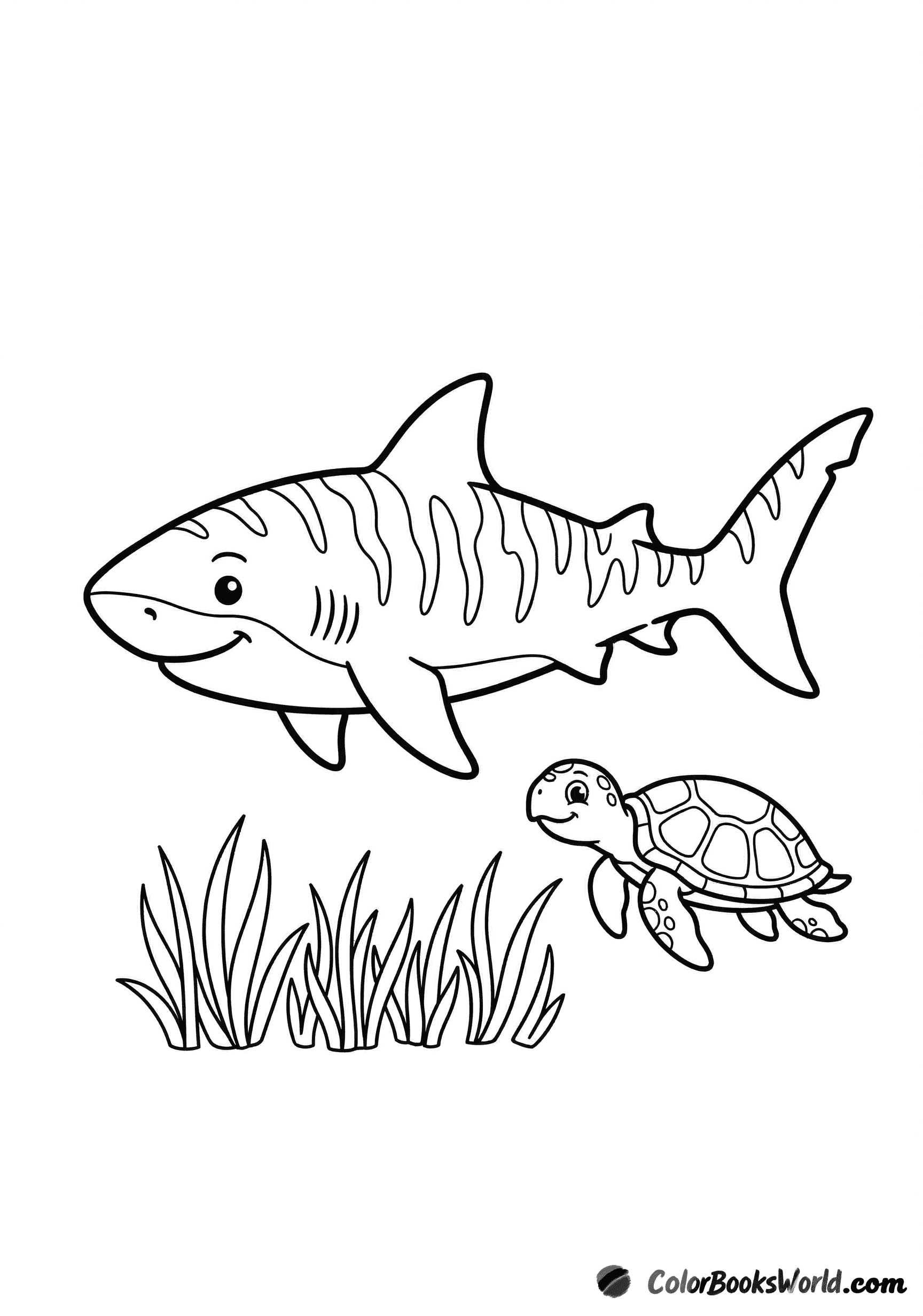 A smiling cartoon tiger shark swims calmly beside a sea turtle among seagrass.