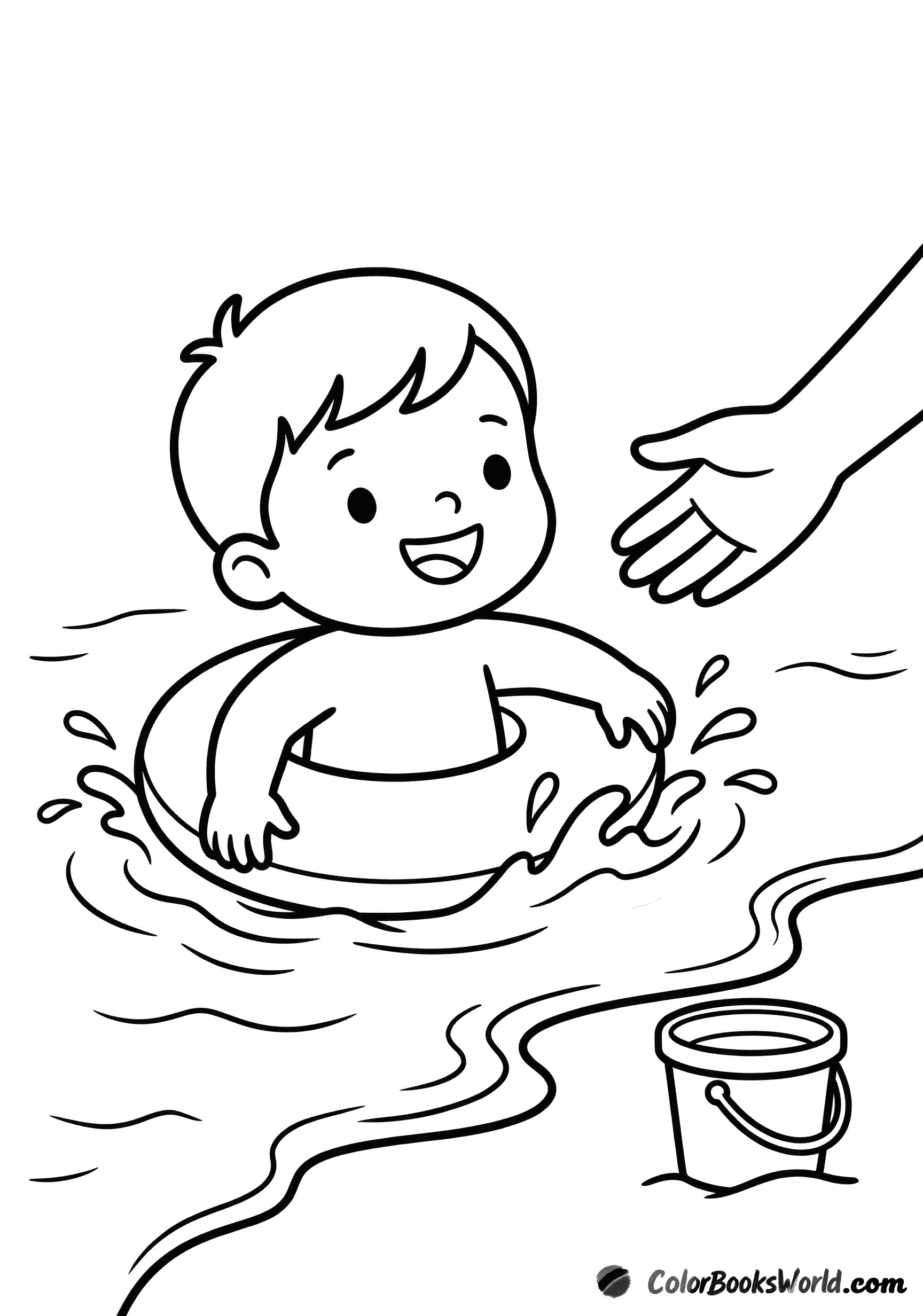 Cartoon toddler in a swim ring paddling in shallow beach waves, with a parent’s hand nearby and a bucket on the sand.