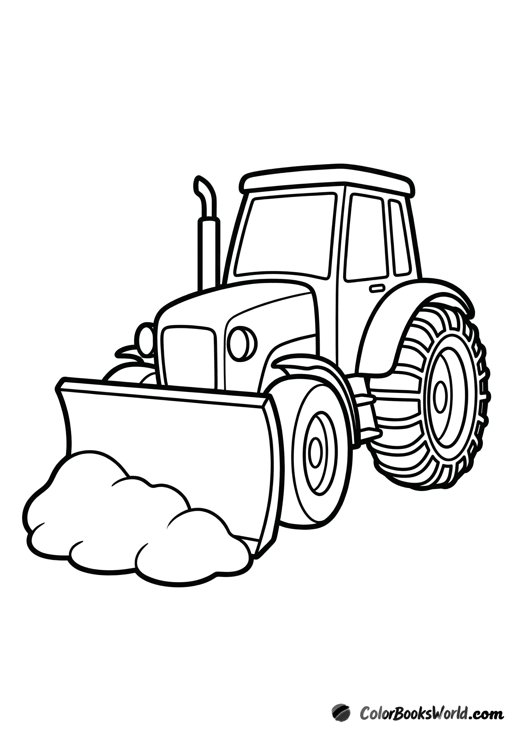 Front view of a cartoon tractor with a snow blade, wheel chains, and small snowbanks.