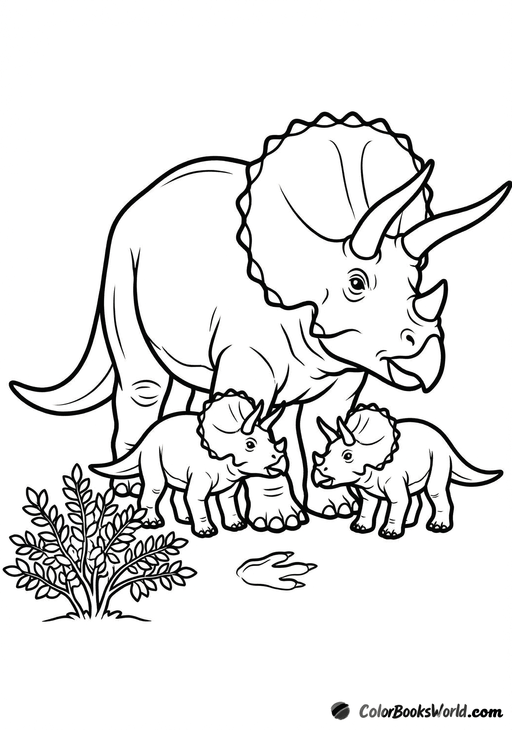 A mother triceratops stands protectively over two babies beside a small shrub and a shallow footprint.