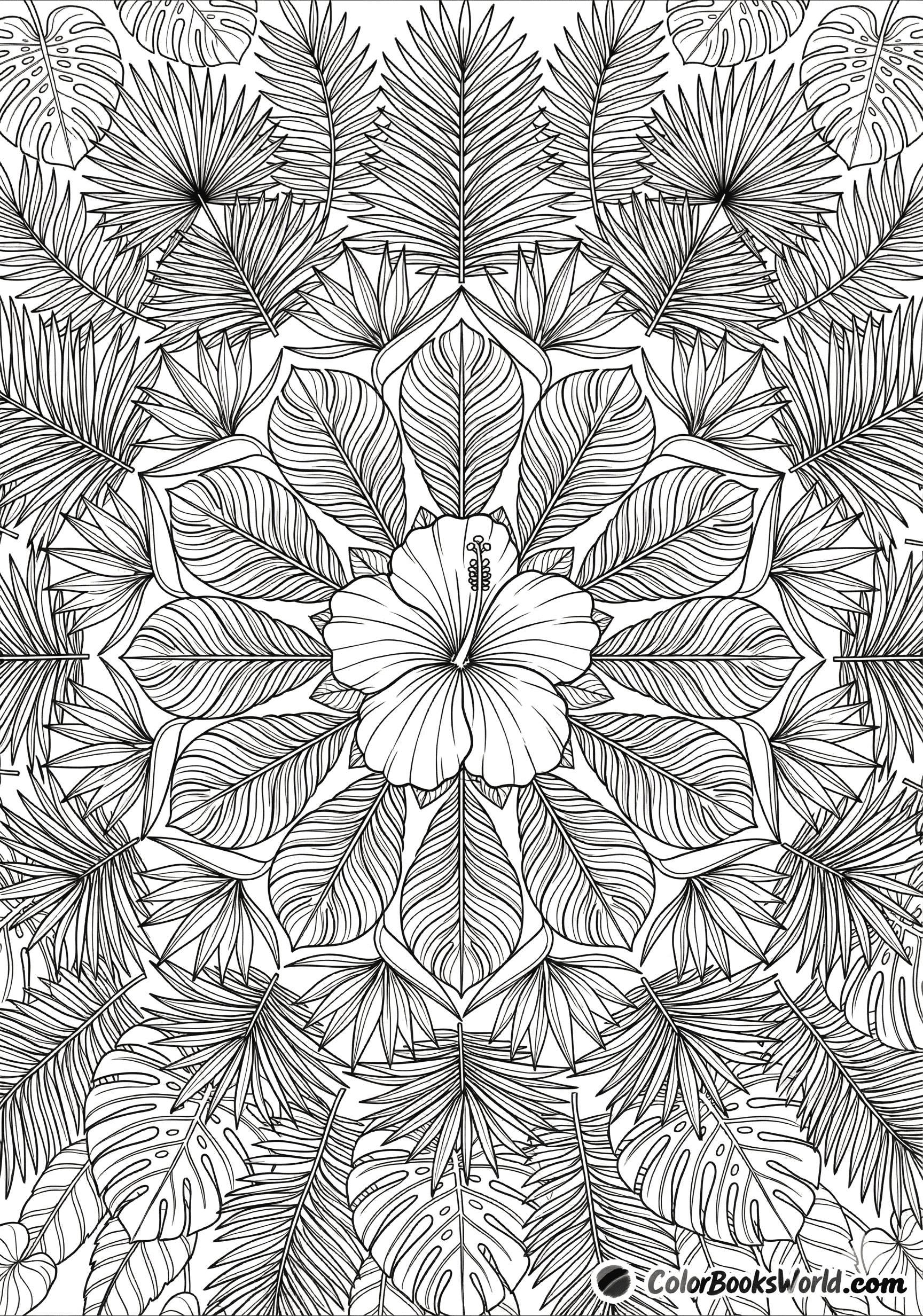 Tropical mandala with a hibiscus flower, palm fronds, and monstera leaves in symmetry.