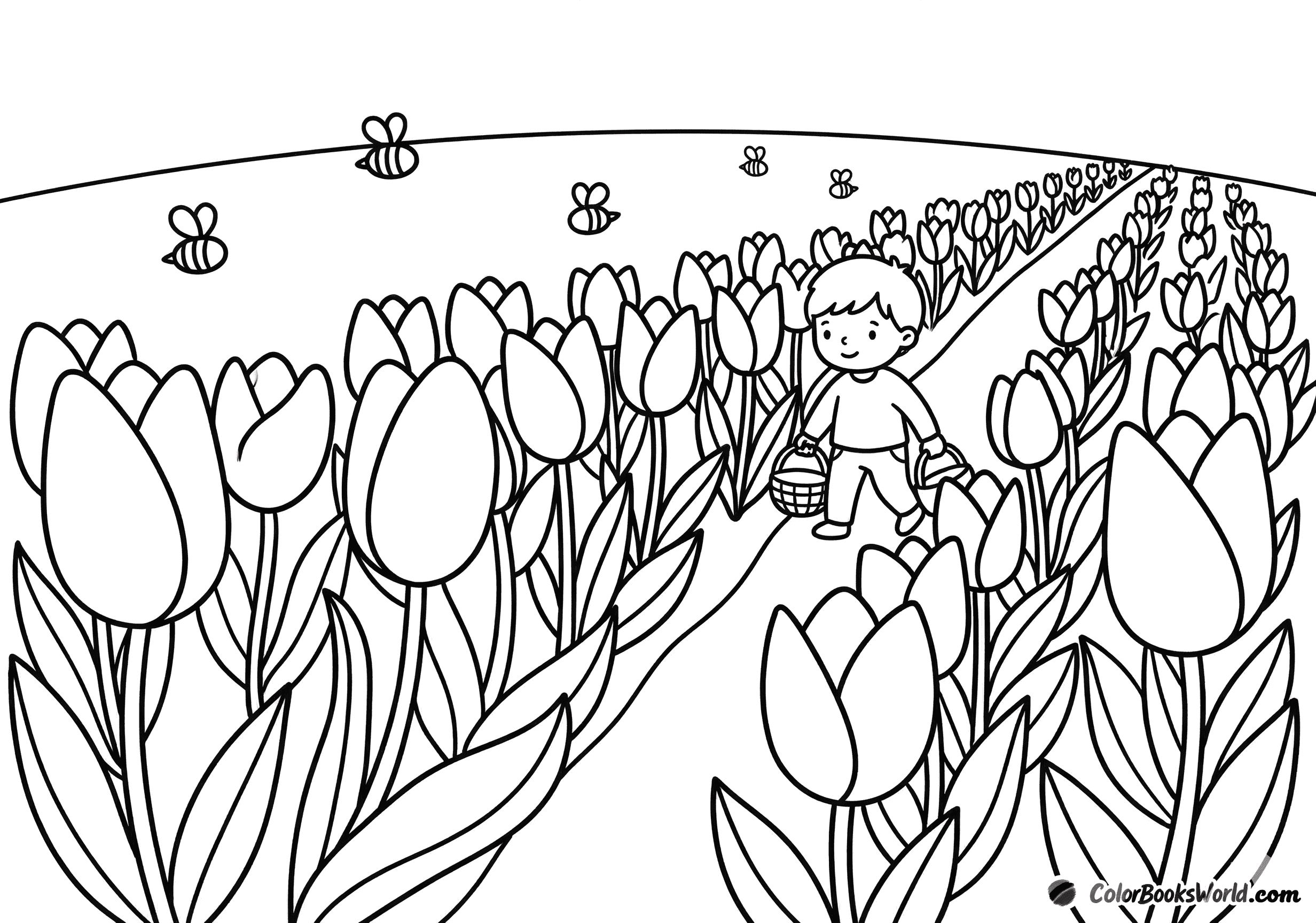 A child walks between long rows of large tulips, holding a basket as small bees fly nearby.
