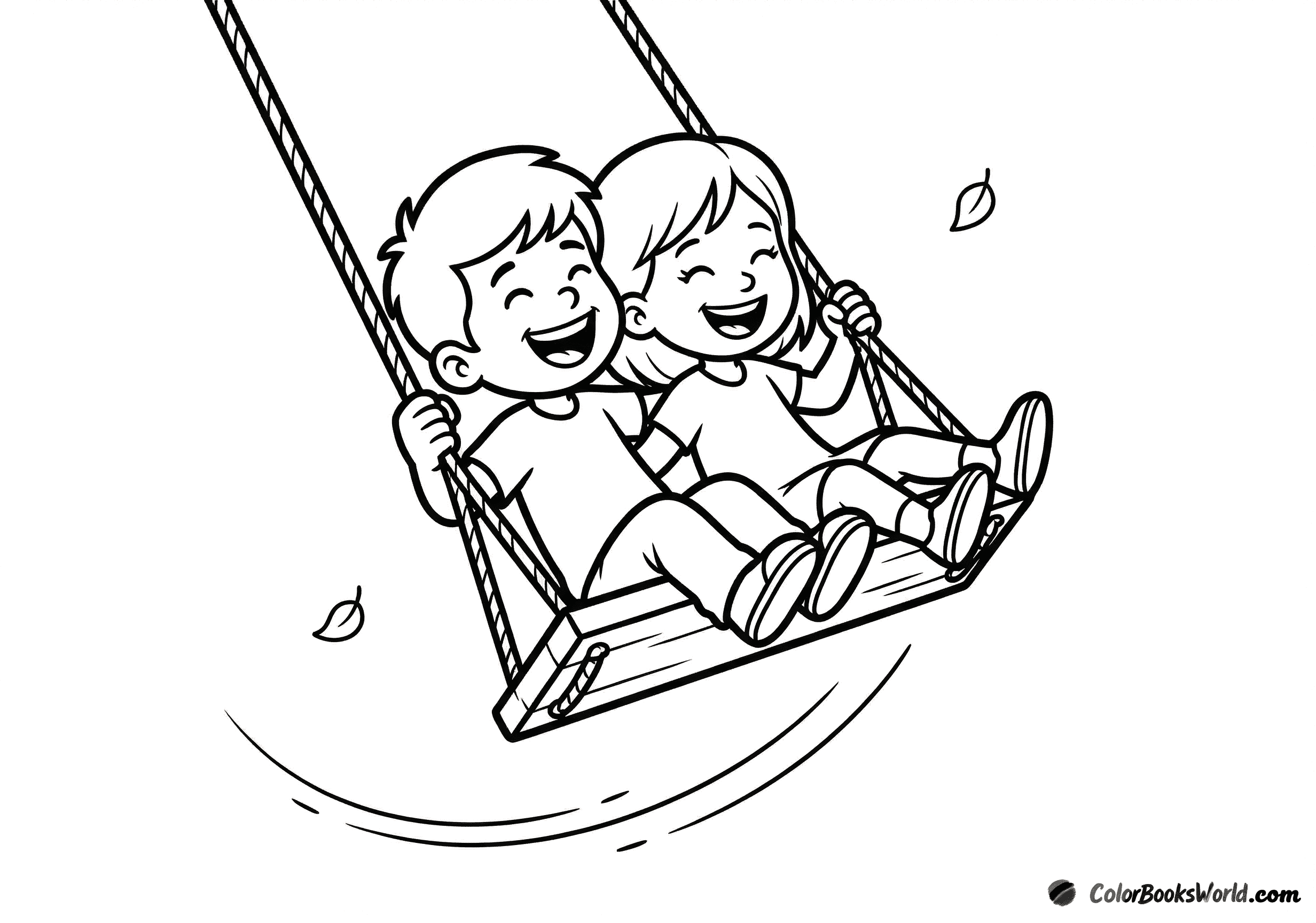 Two children sitting together on a simple wooden swing seat, swinging side by side.