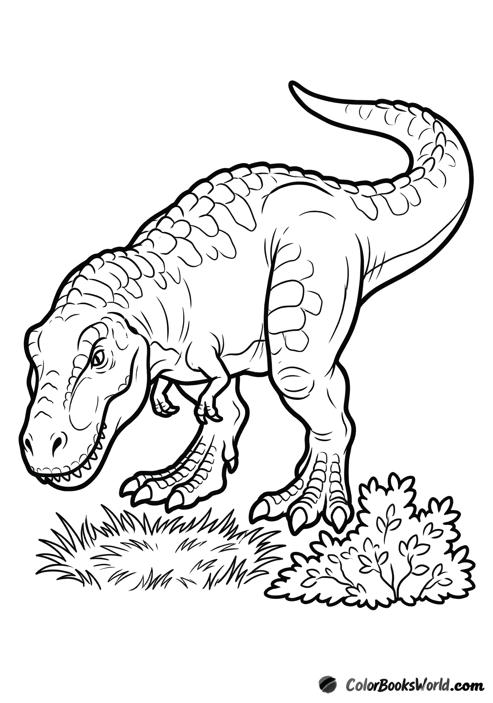 An alert Tyrannosaurus rex stands by flattened grass and a small shrub, head held low.