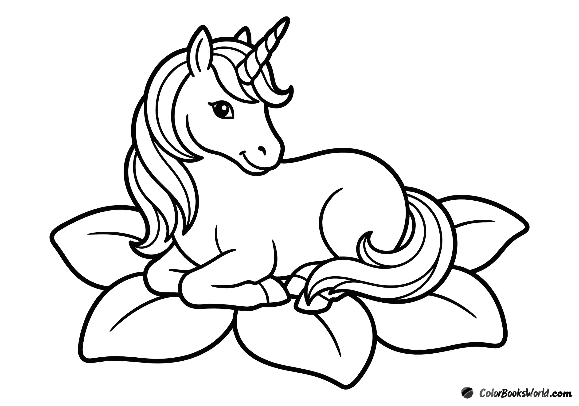 A friendly unicorn lies resting on a bed made of three large leaves.