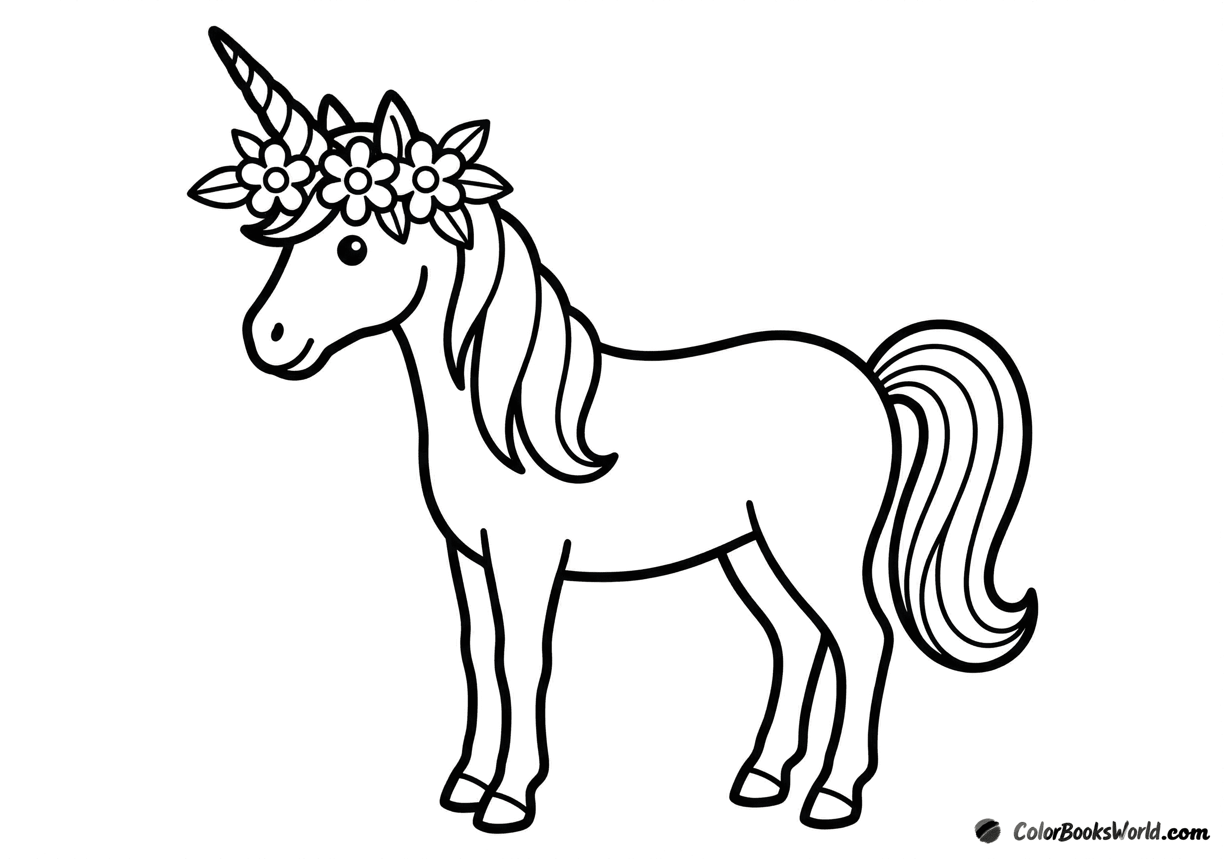 A unicorn in profile wearing a simple wreath of large flowers around its horn.