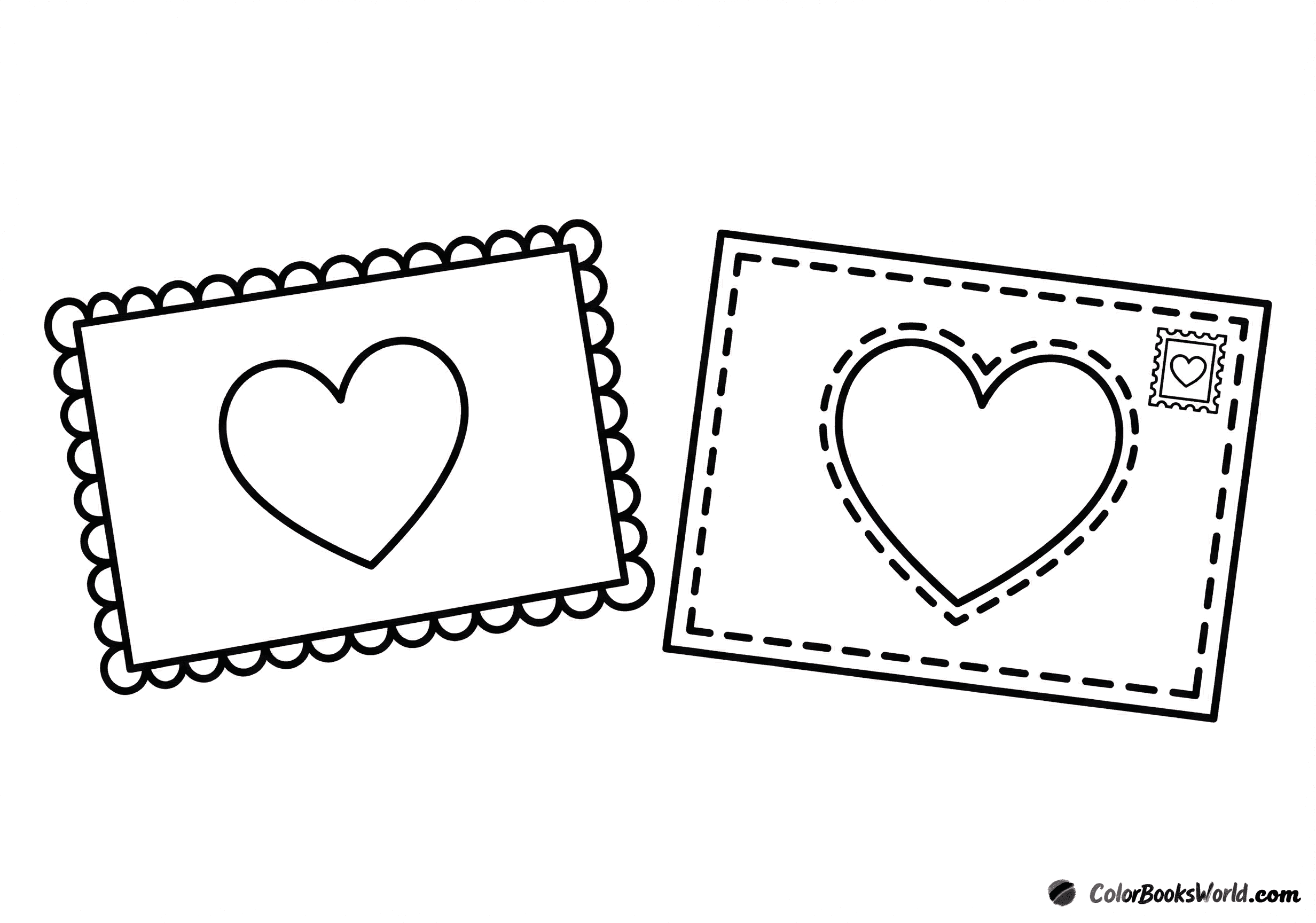 Two Valentine postcards with large heart motifs, one scalloped border, one dotted border, plus a tiny heart stamp.