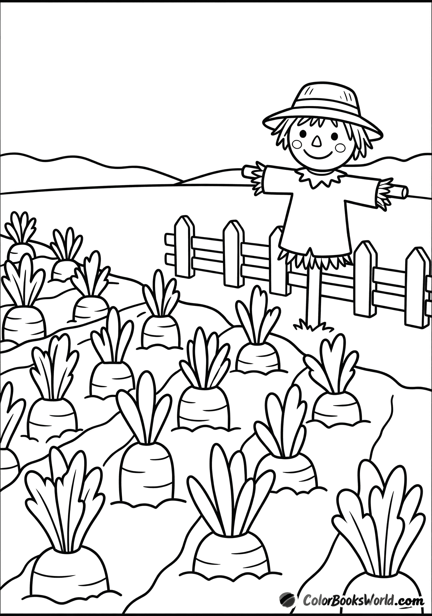 Neat rows of carrot tops in a field with a cheerful scarecrow beside a wooden fence.
