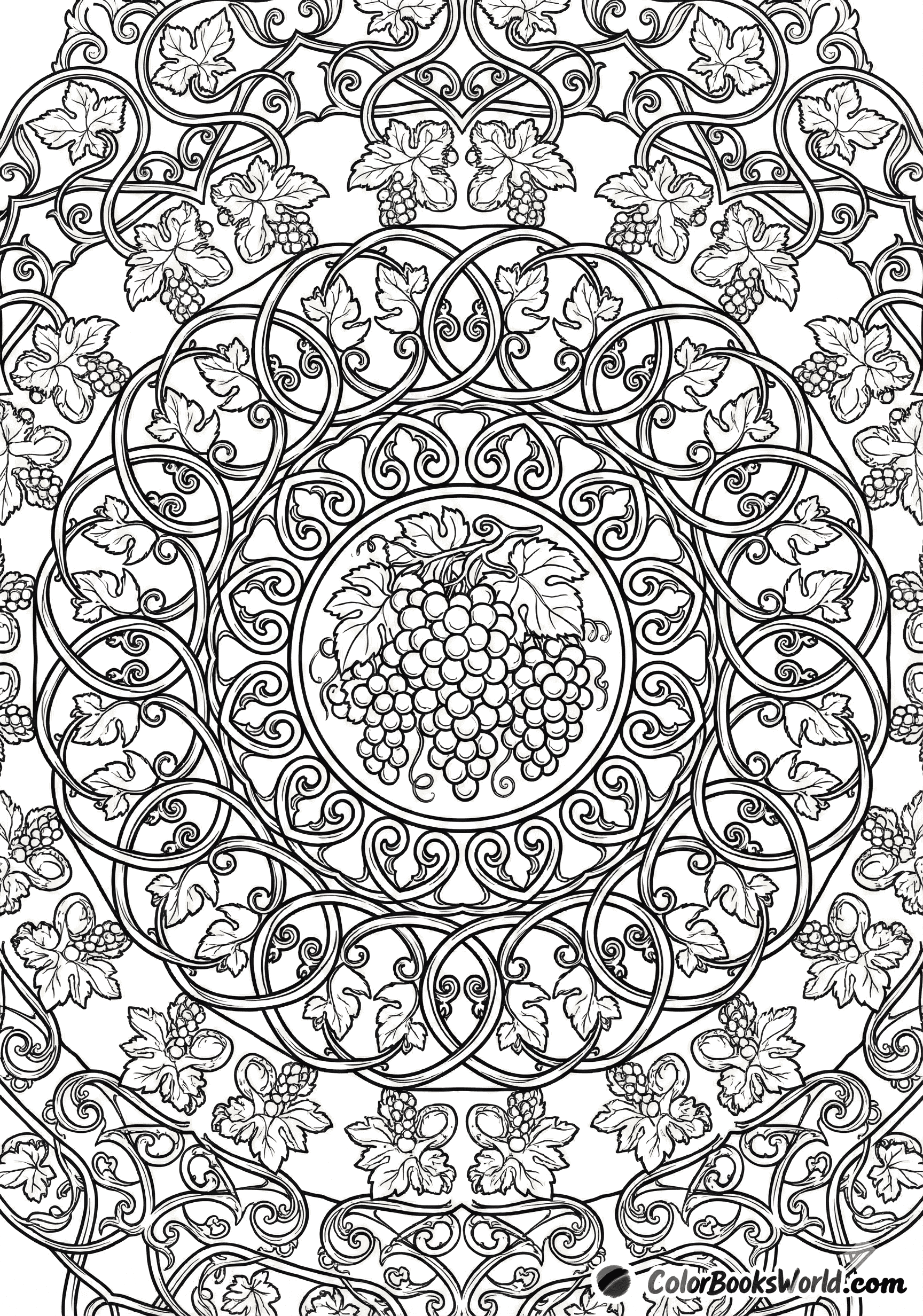 Detailed mandala with grape clusters and intertwined vine leaves in a vineyard style.