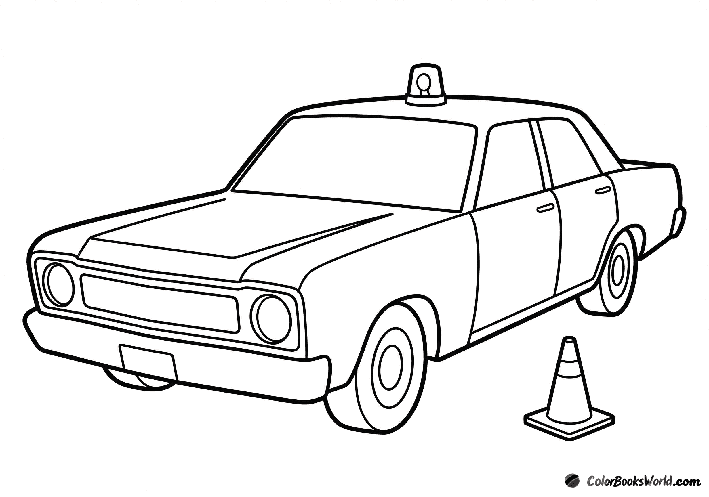 1960s-style police sedan with round headlights, a roof siren housing, and a traffic cone.