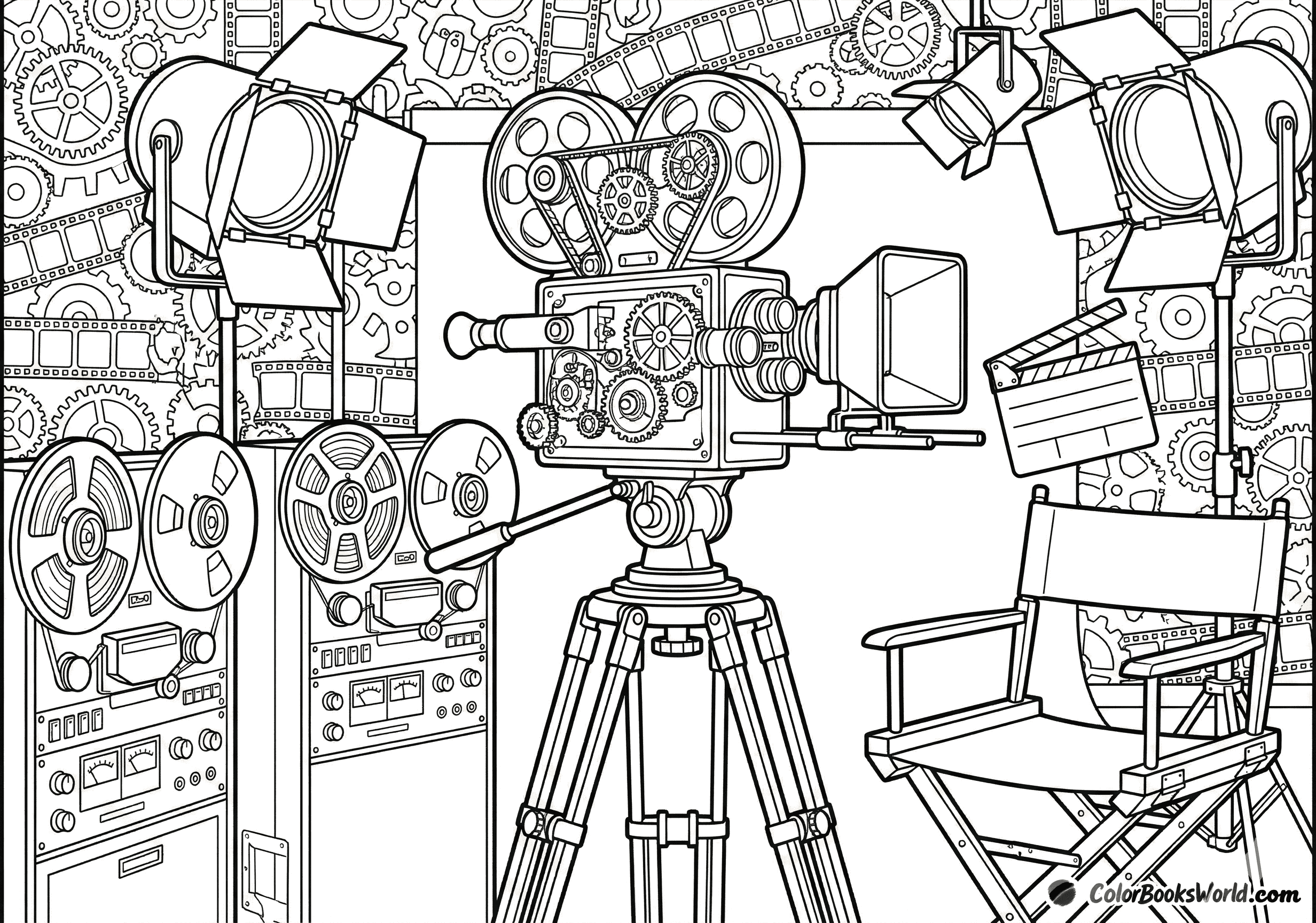 Detailed line art of a vintage film camera on a tripod, director's chair, and studio equipment.