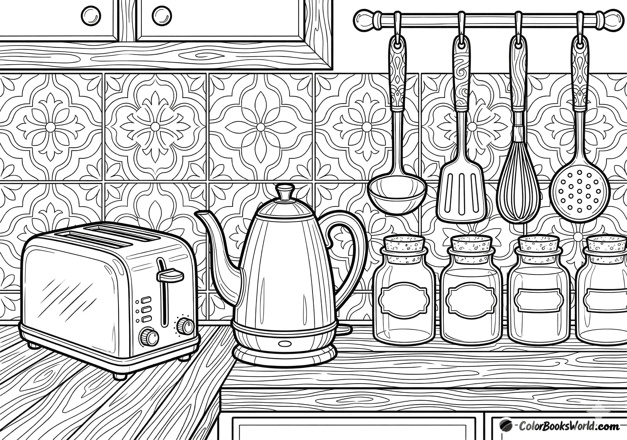 Detailed line art of a mid-century kitchen counter with a vintage toaster, kettle, and patterned tile backsplash.