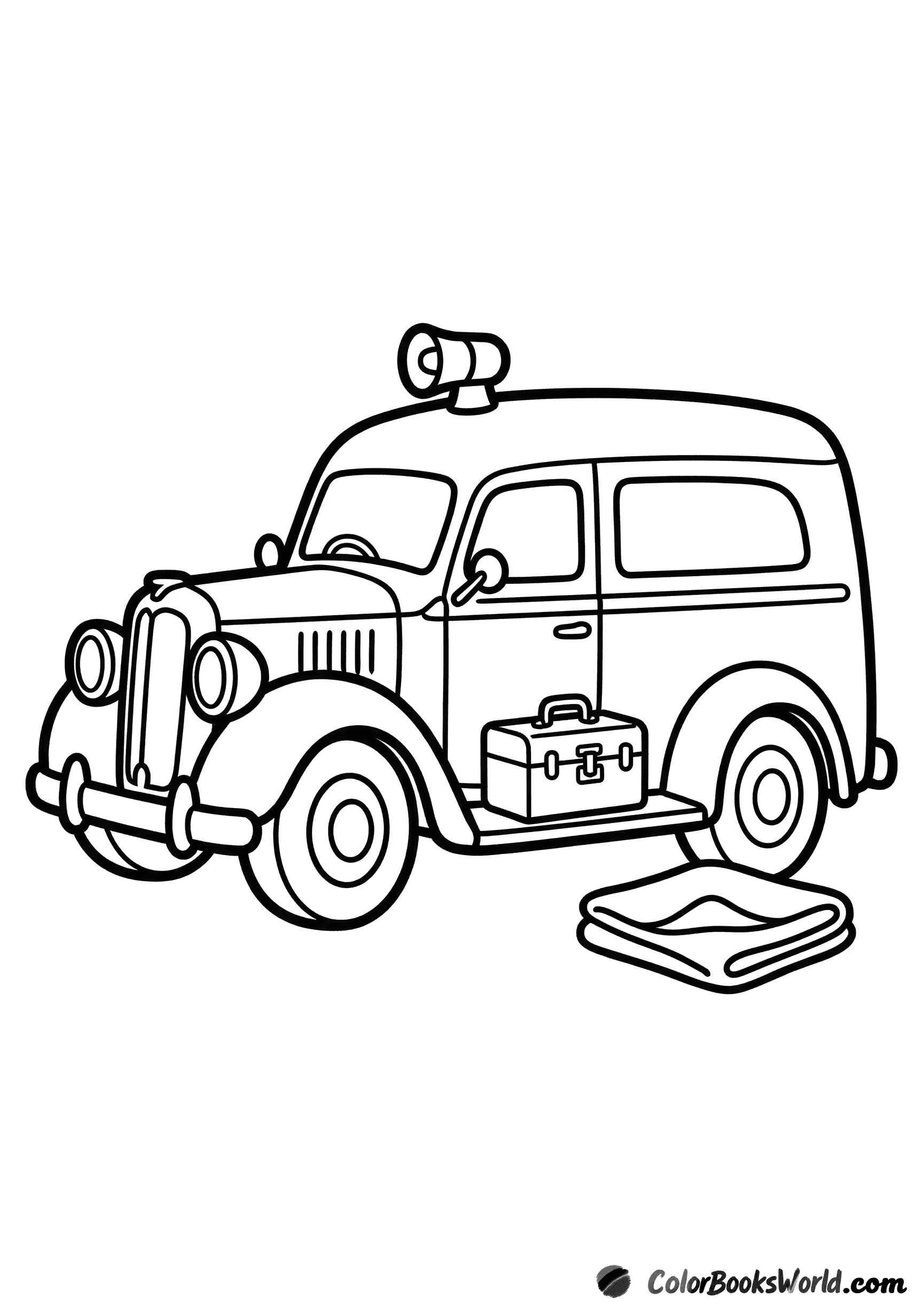 Vintage ambulance in side view with rooftop siren, round headlamps, a medical trunk, and a folded blanket.