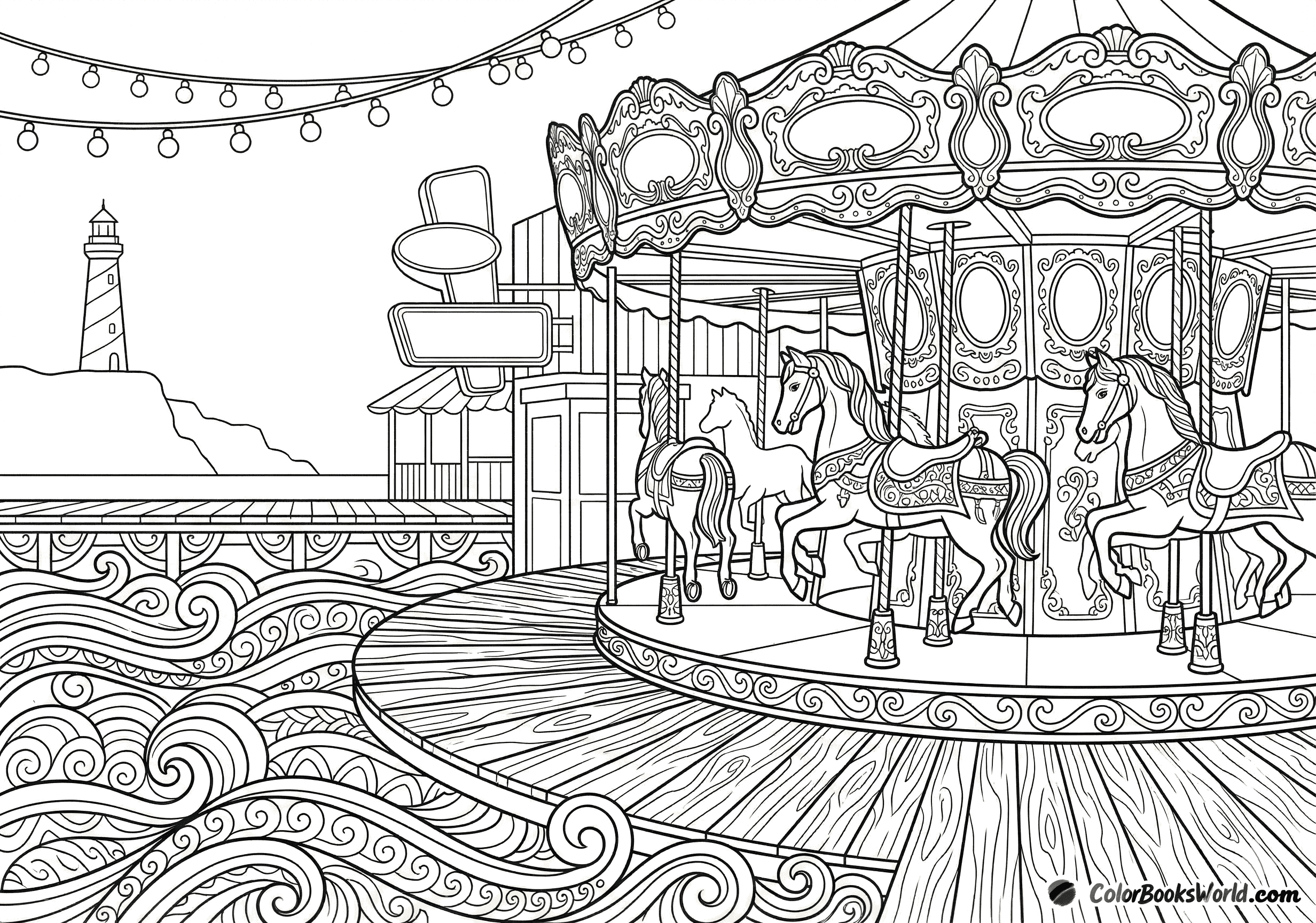Detailed line art of a vintage carousel on a wooden pier with stylized ocean waves and a lighthouse in the background.