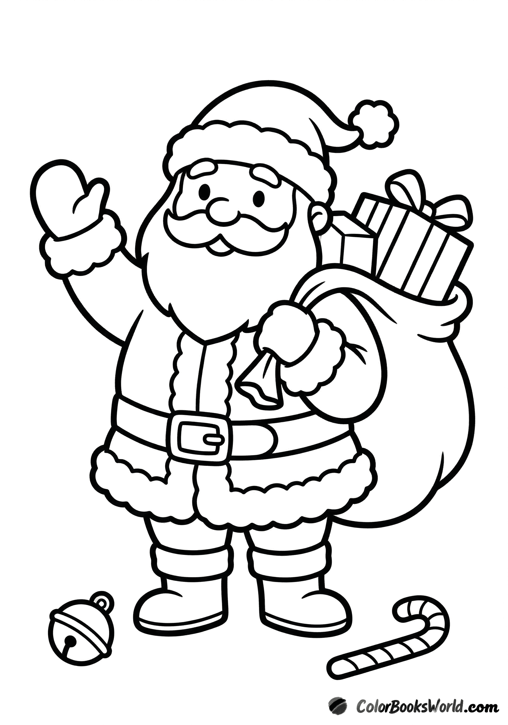 Cartoon Santa Claus waving while carrying a big sack of gifts, with a bell and candy cane.