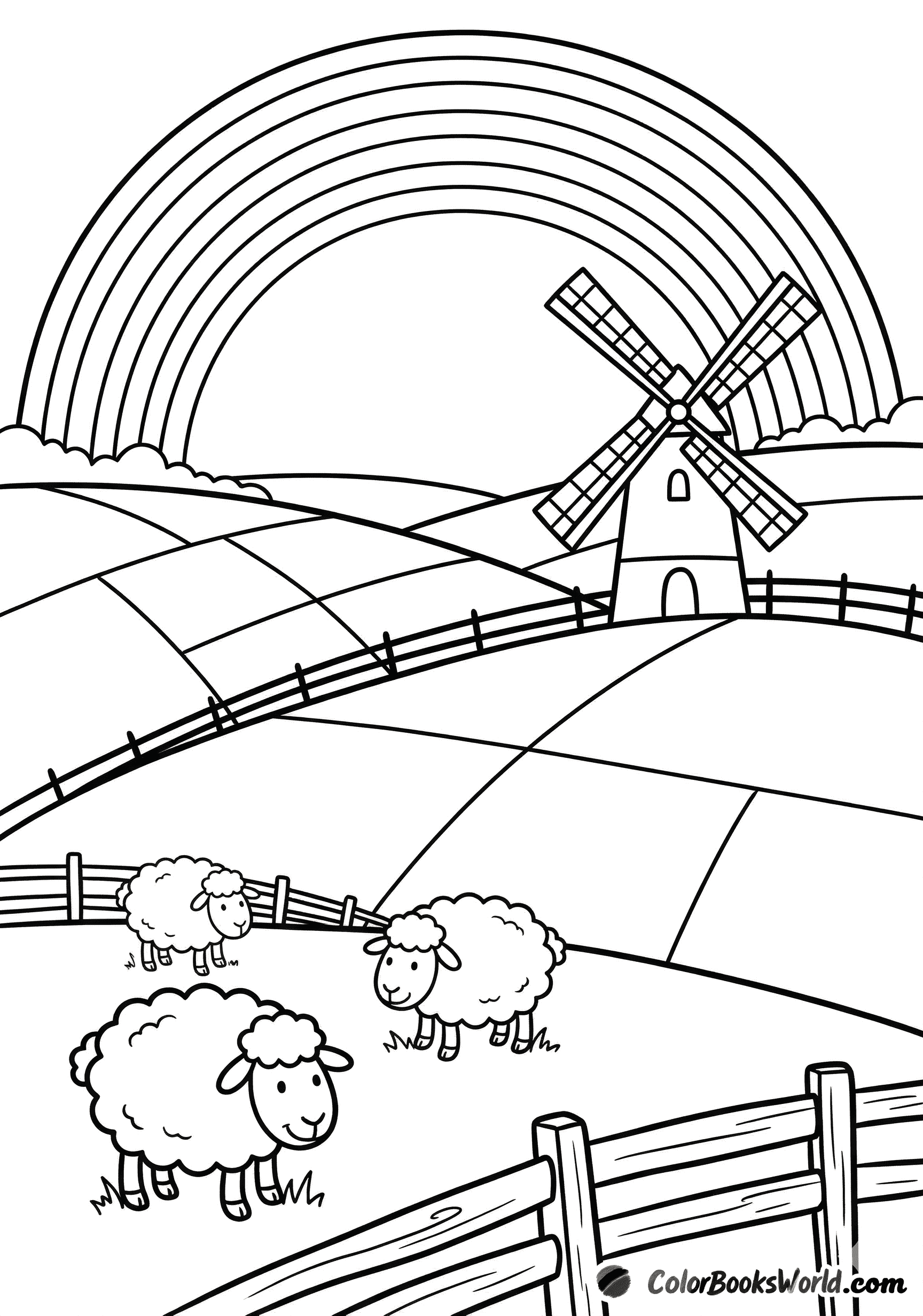 A windmill and fluffy sheep in patchwork fields beneath a large rainbow.