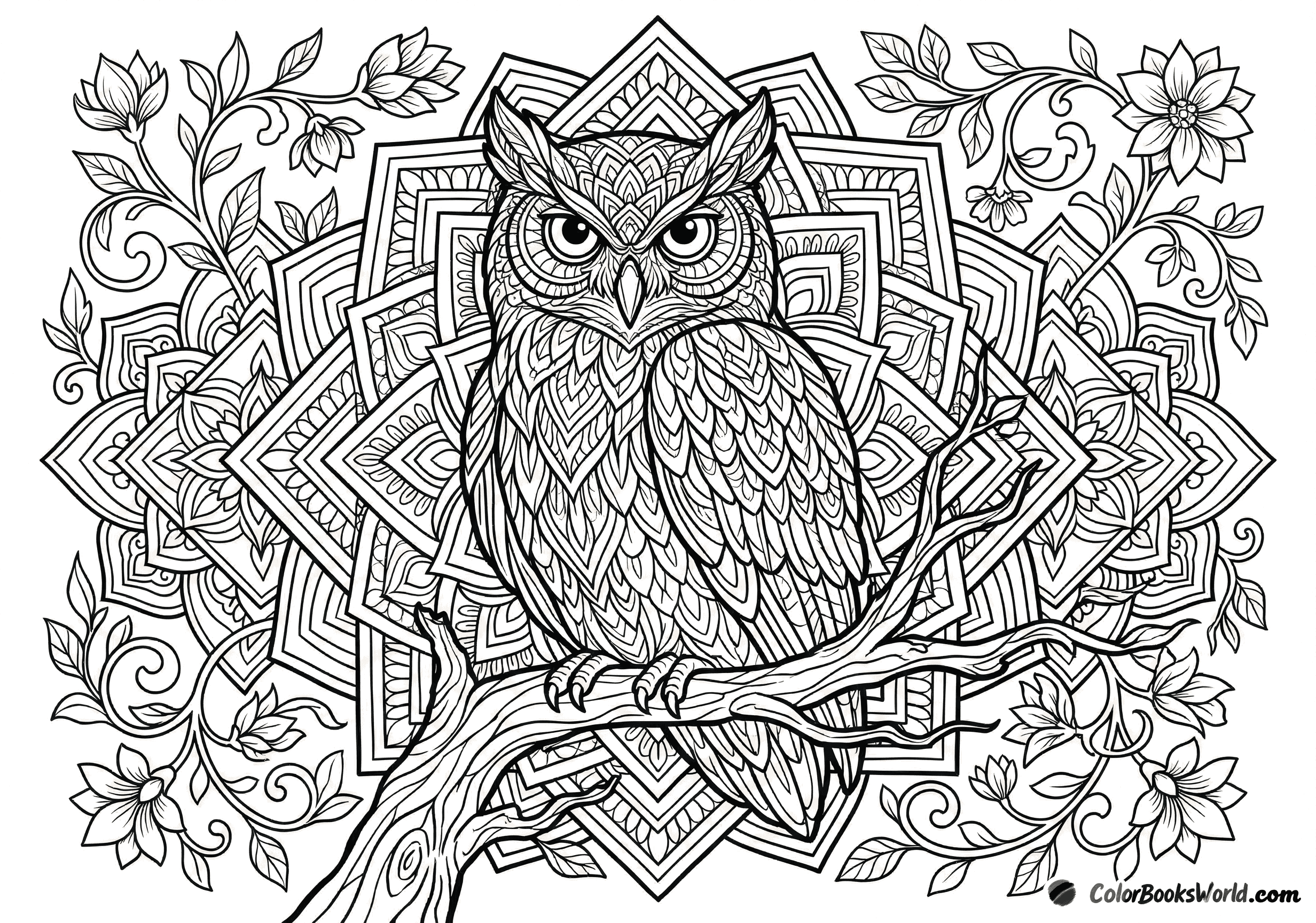 A detailed owl perched on a gnarled branch, framed by geometric mandala panels and vines.