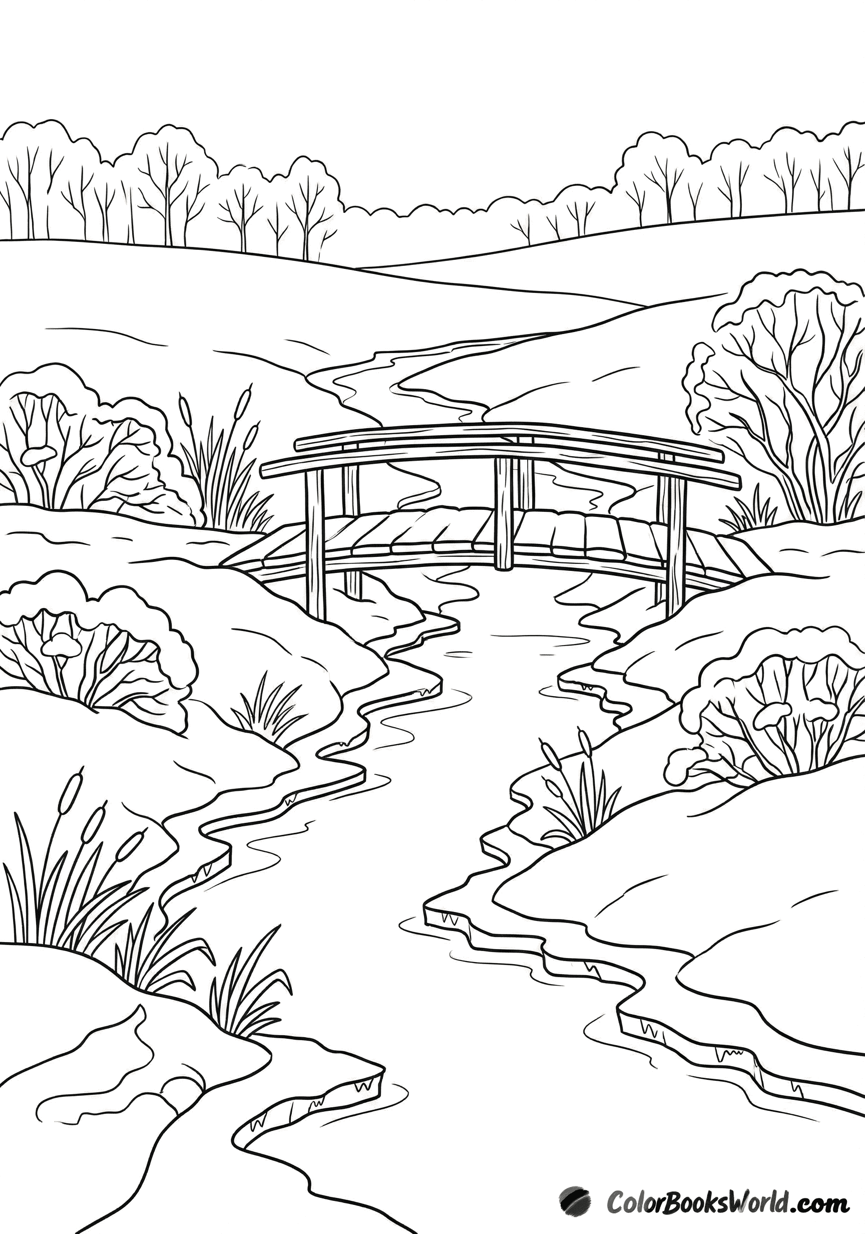 Simple drawing of a small wooden footbridge over a partly frozen stream with snowy banks and reeds.
