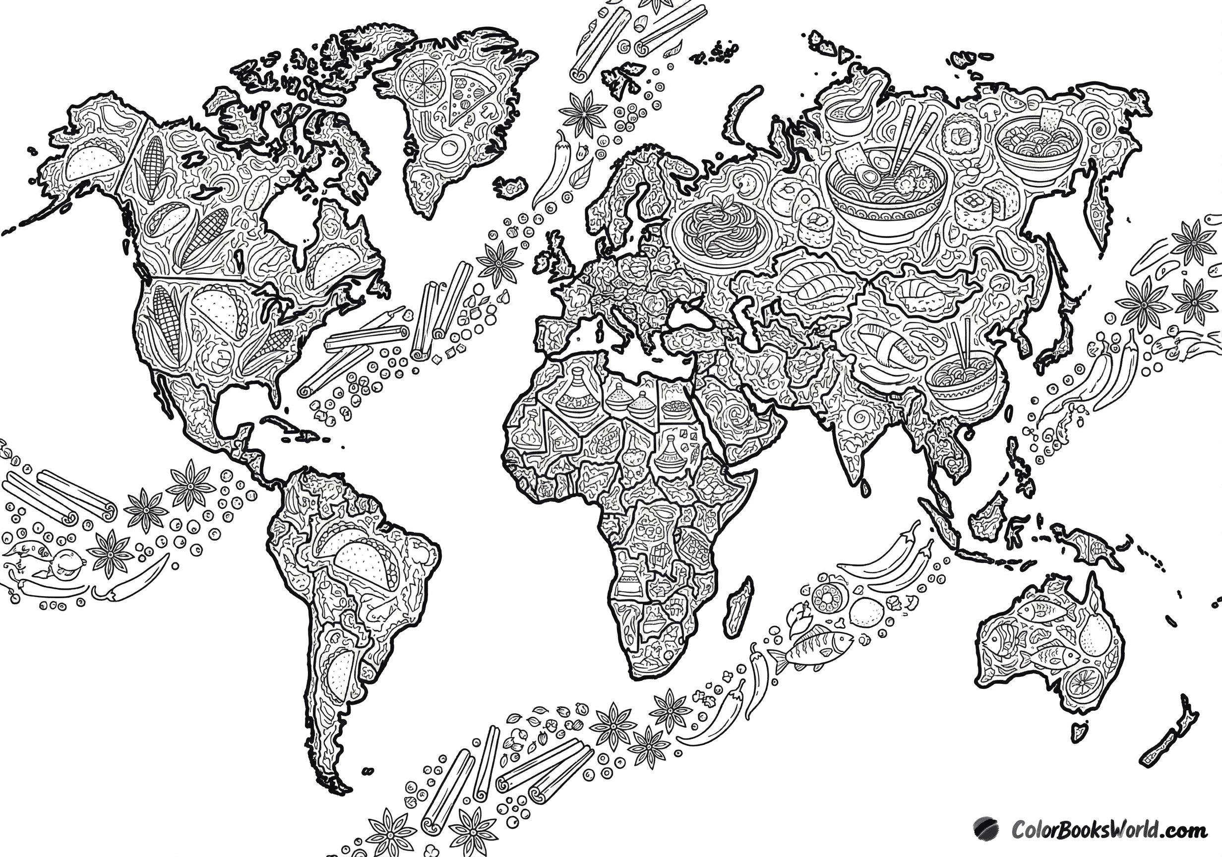 Detailed line art of a world map with regional food icons like sushi, tacos, pizza, and spices filling the continents.