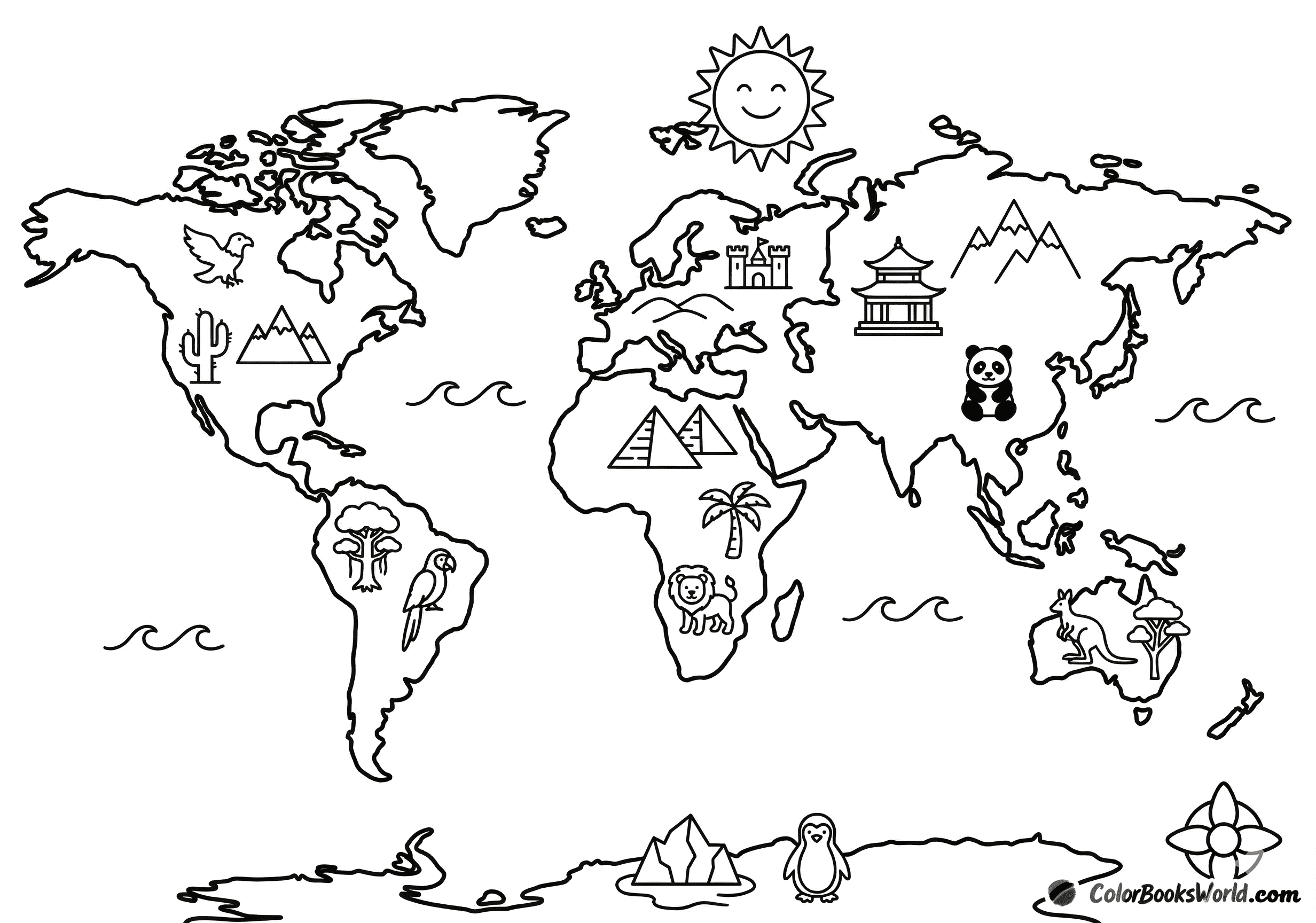 Simplified world map with continent outlines, featuring pyramids, a panda, a kangaroo, and penguins.