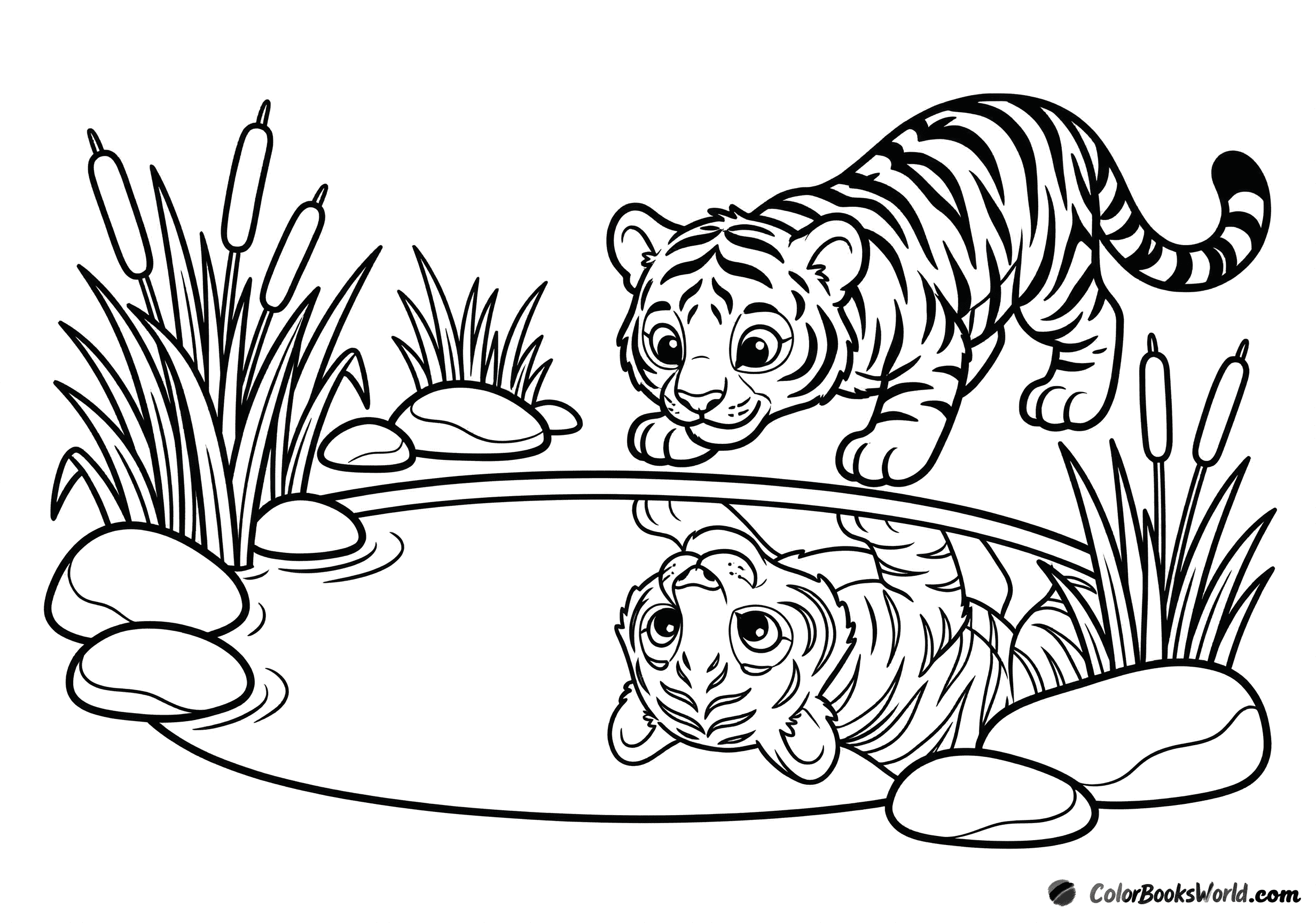 A tiger cub looks at its reflection in a calm pond beside reeds and smooth stones.