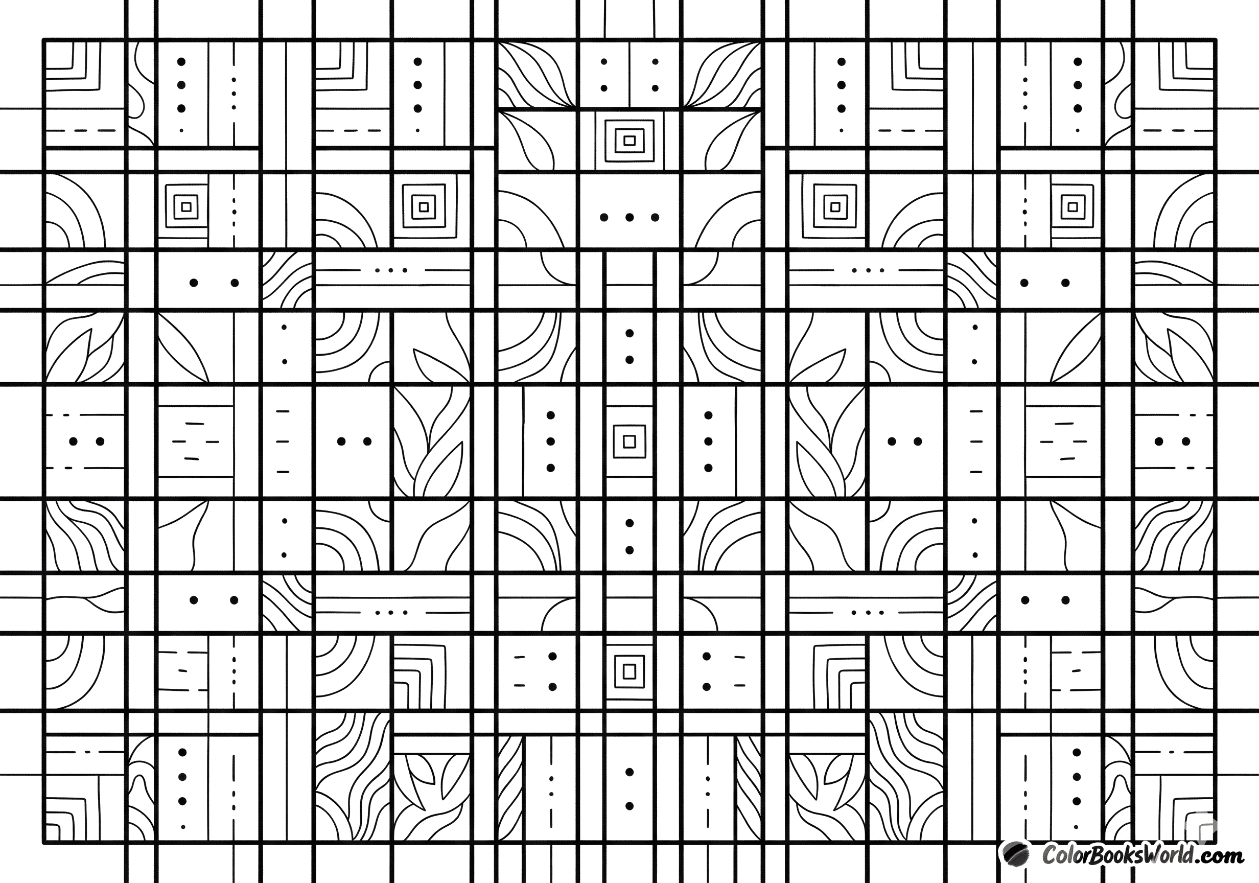 A minimalist black and white grid with repeating geometric micro-motifs, dots, and lines for adult coloring.