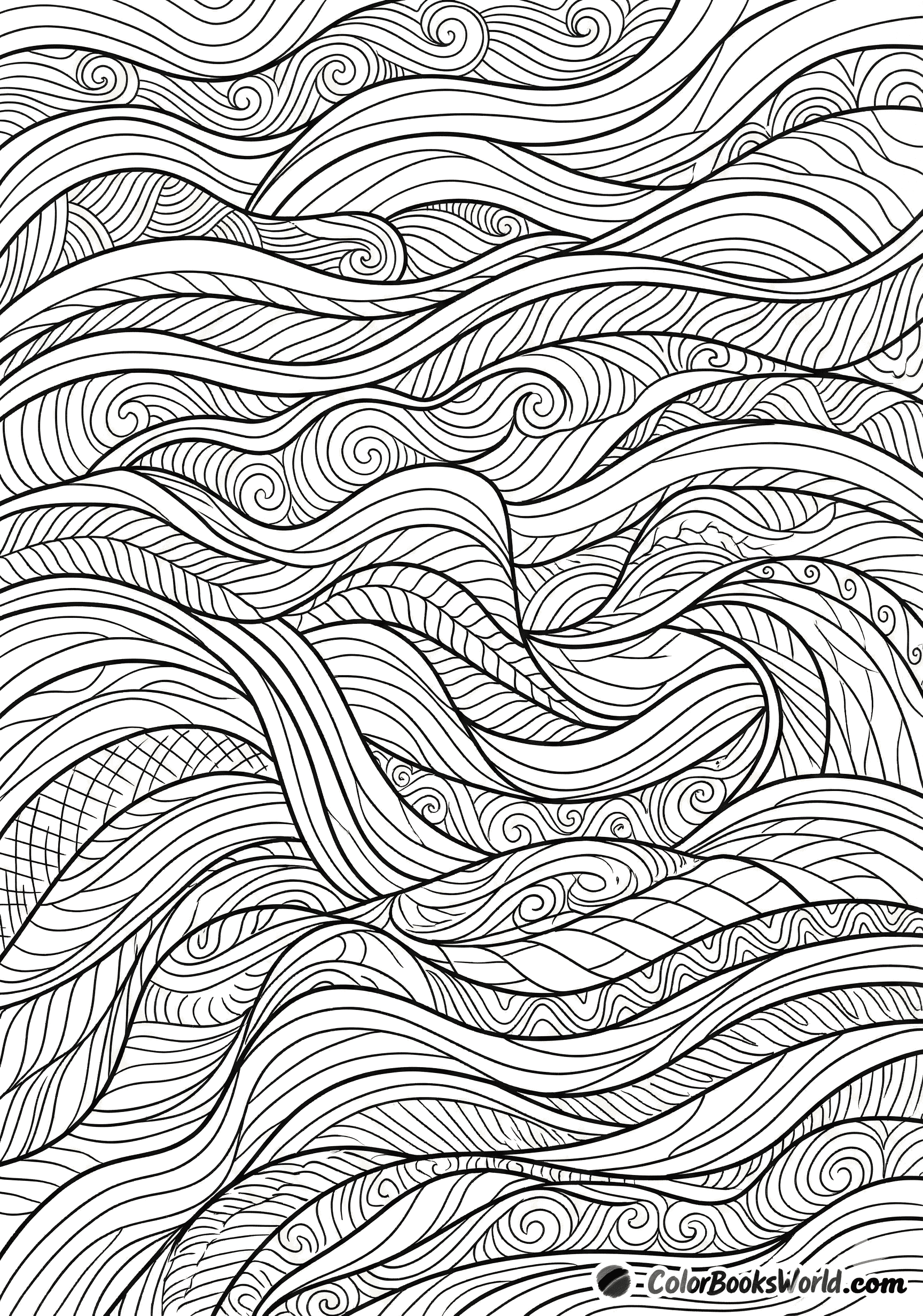 Detaljeret stregtegning, der viser lagdelte bølger og flydende bånd med indre teksturer til farvelægning.