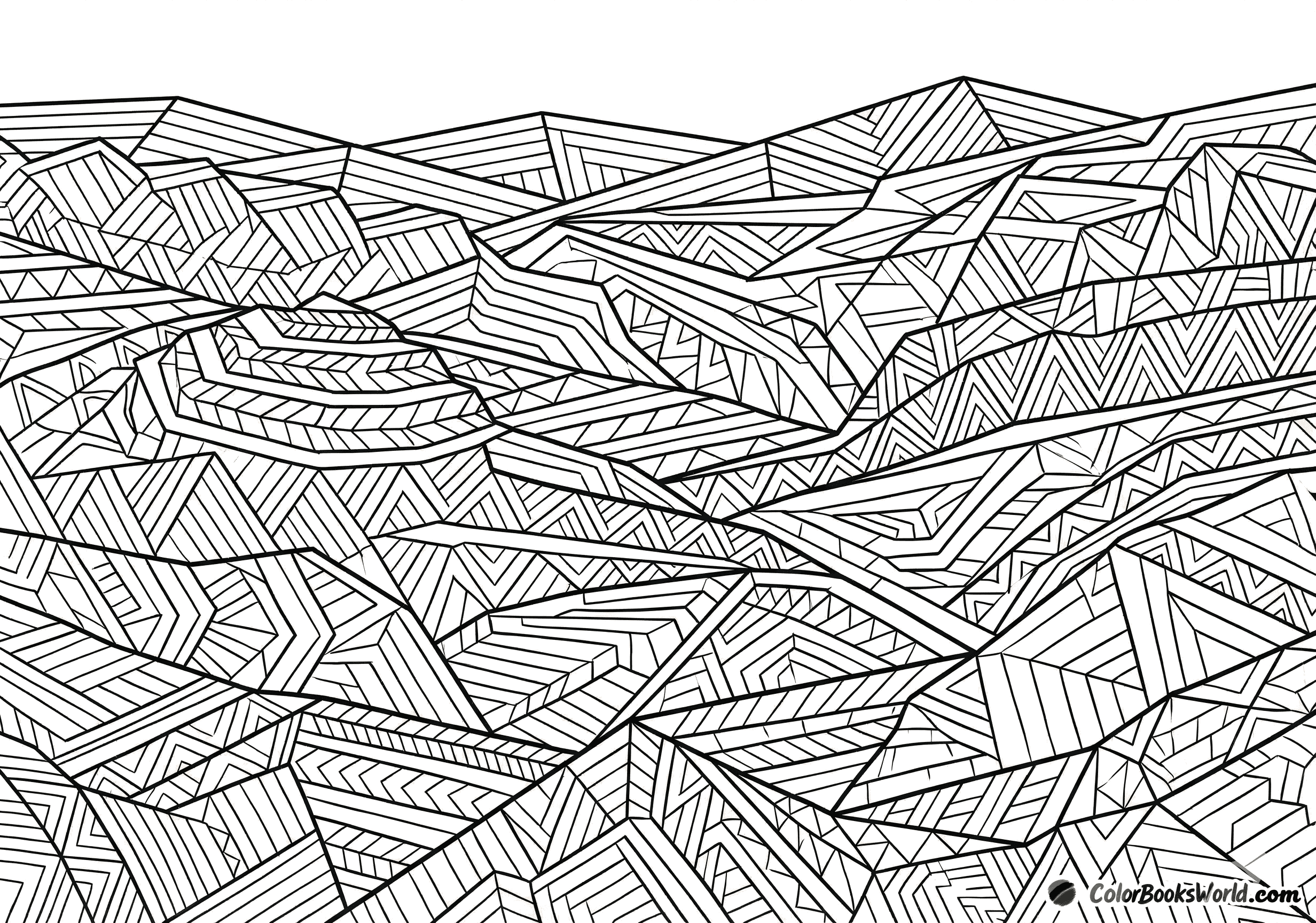 An abstract landscape made of tessellated polygonal shapes forming hills, terraces, and geometric horizons in black line art.