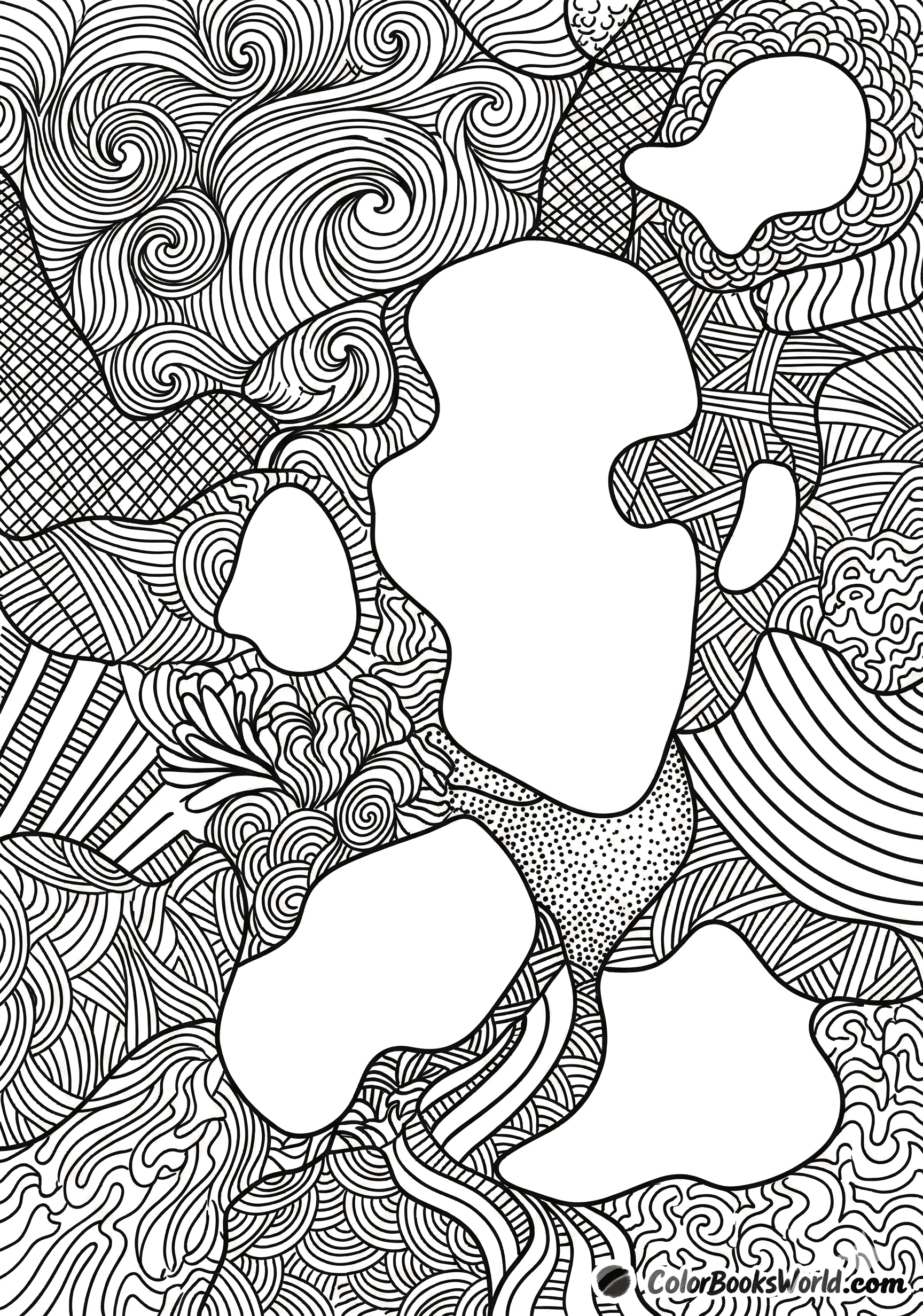 Intricate black and white line art featuring varied linear textures surrounding large white negative-space shapes.