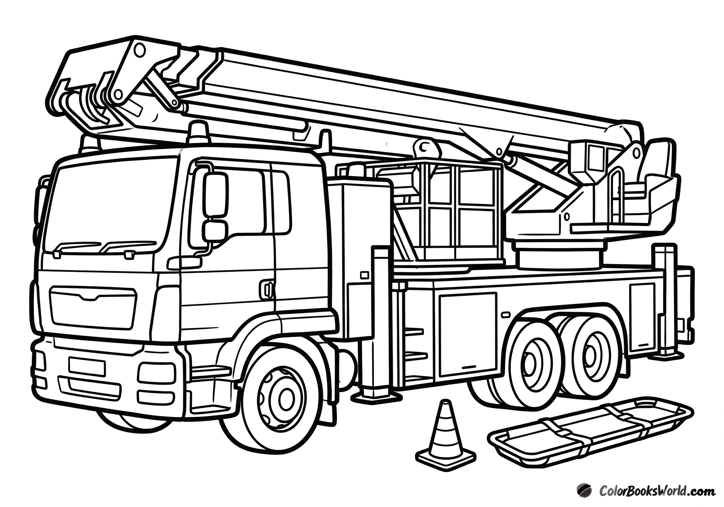 A fire truck with an aerial platform, a safety cone, and a folded rescue stretcher beside it.