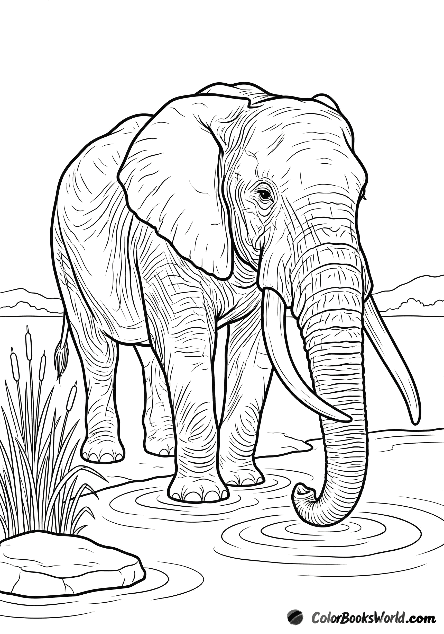 An adult African elephant drinks with its trunk at a waterhole, with reeds and distant hills.