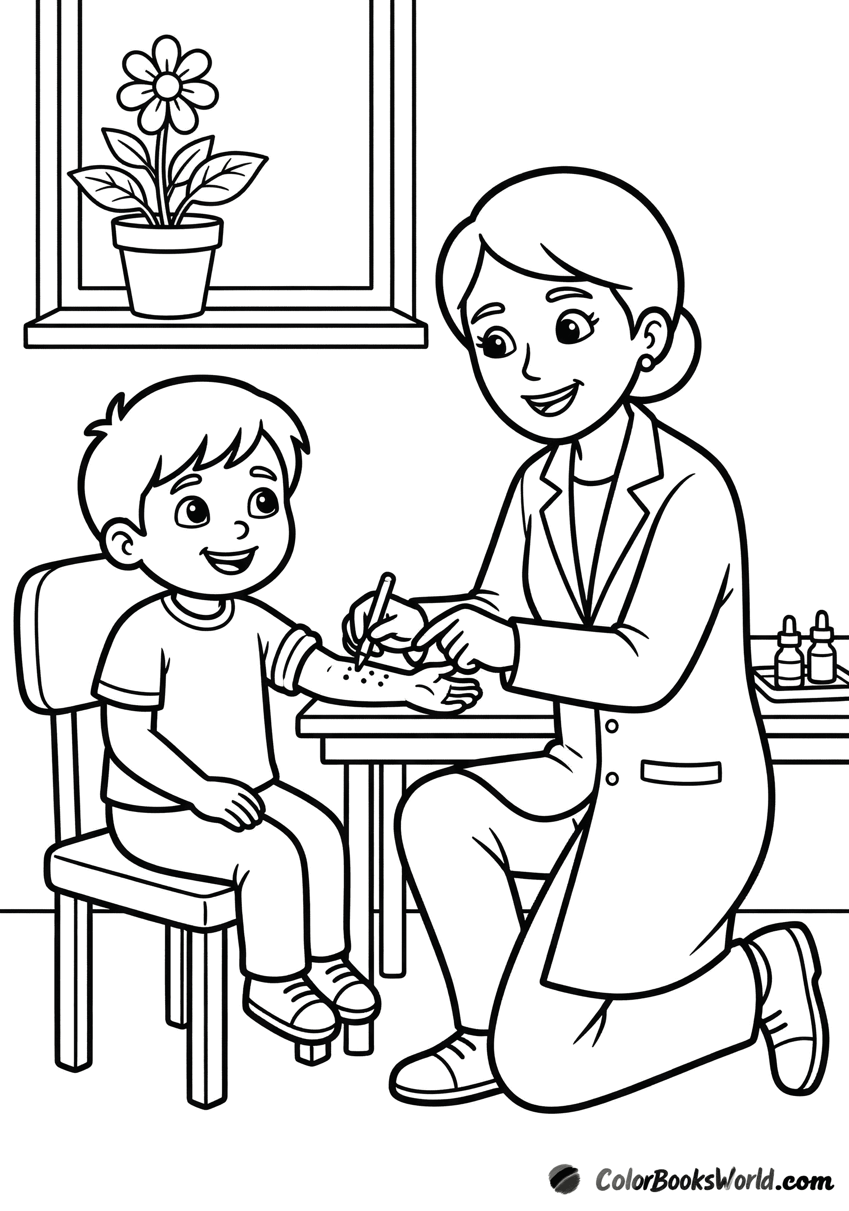 A friendly allergist performs a skin prick test on a smiling child's arm in a clinic with a flower in the window.