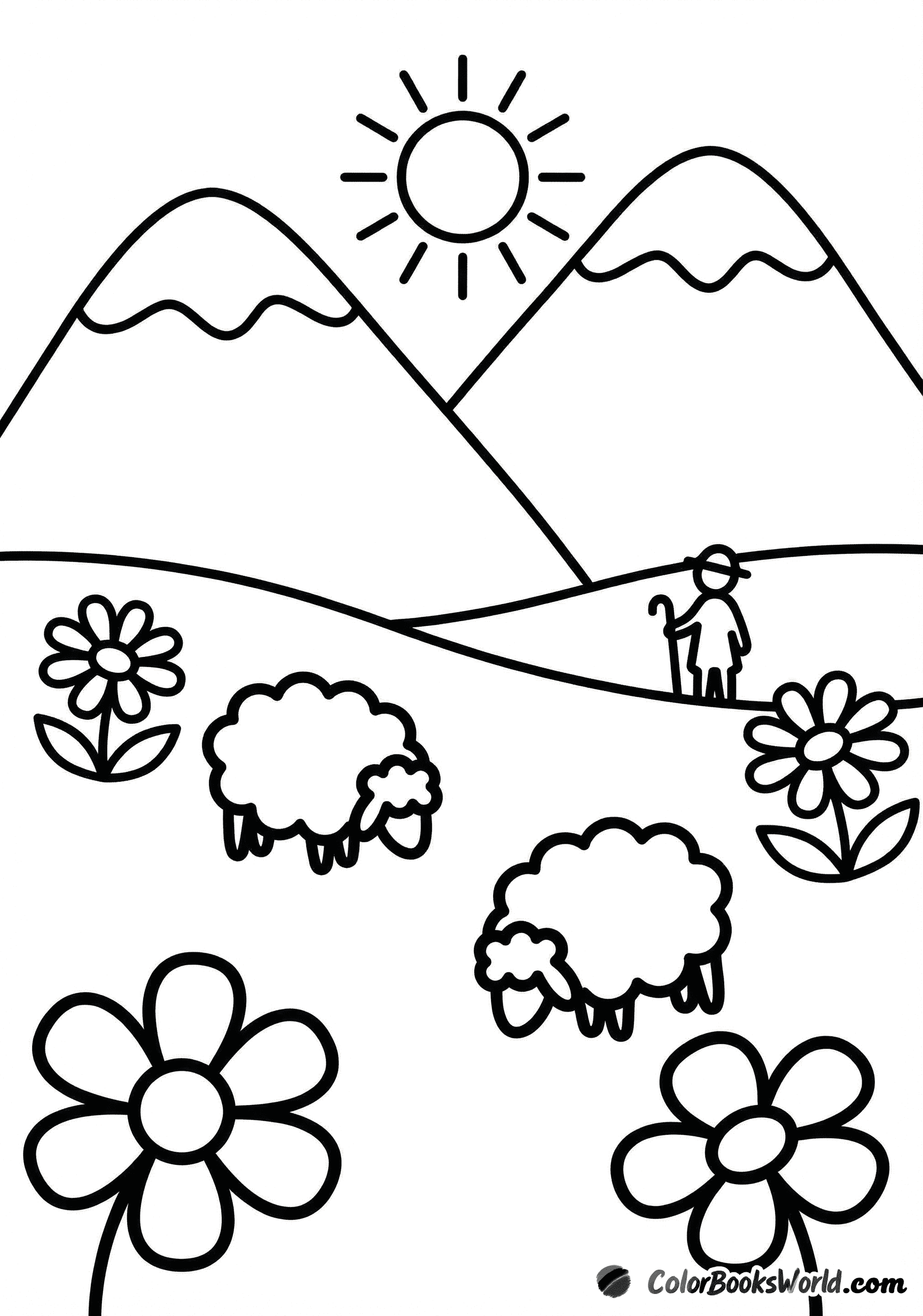 Sheep graze in an alpine meadow with large flowers, a shepherd, and mountains under the sun.