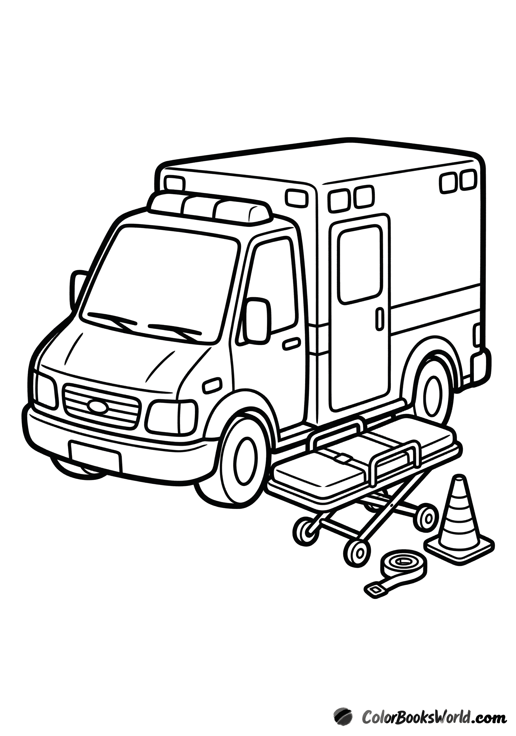 Cartoon ambulance with a wheeled stretcher, a traffic cone, and a roll of straps beside it.