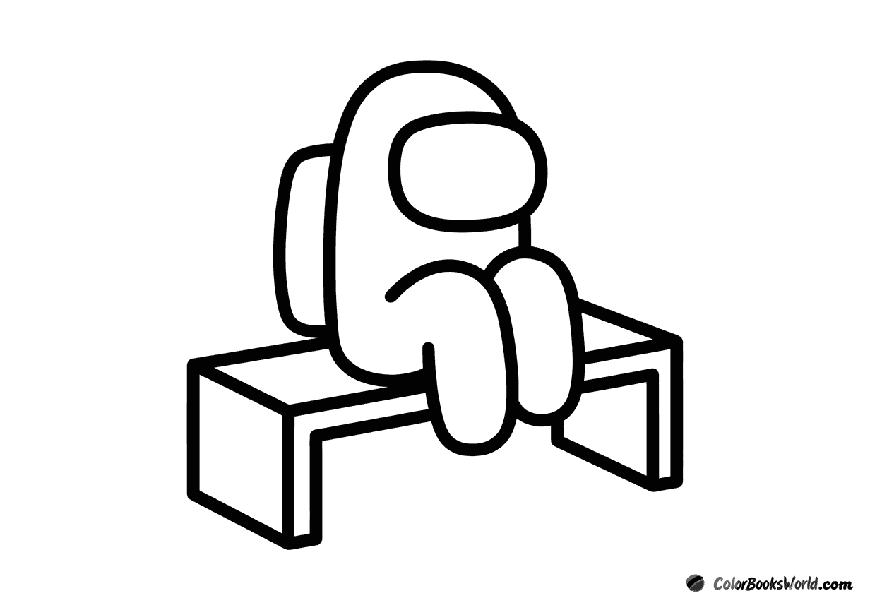 An Among Us crewmate sits on a simple bench with knees drawn up.