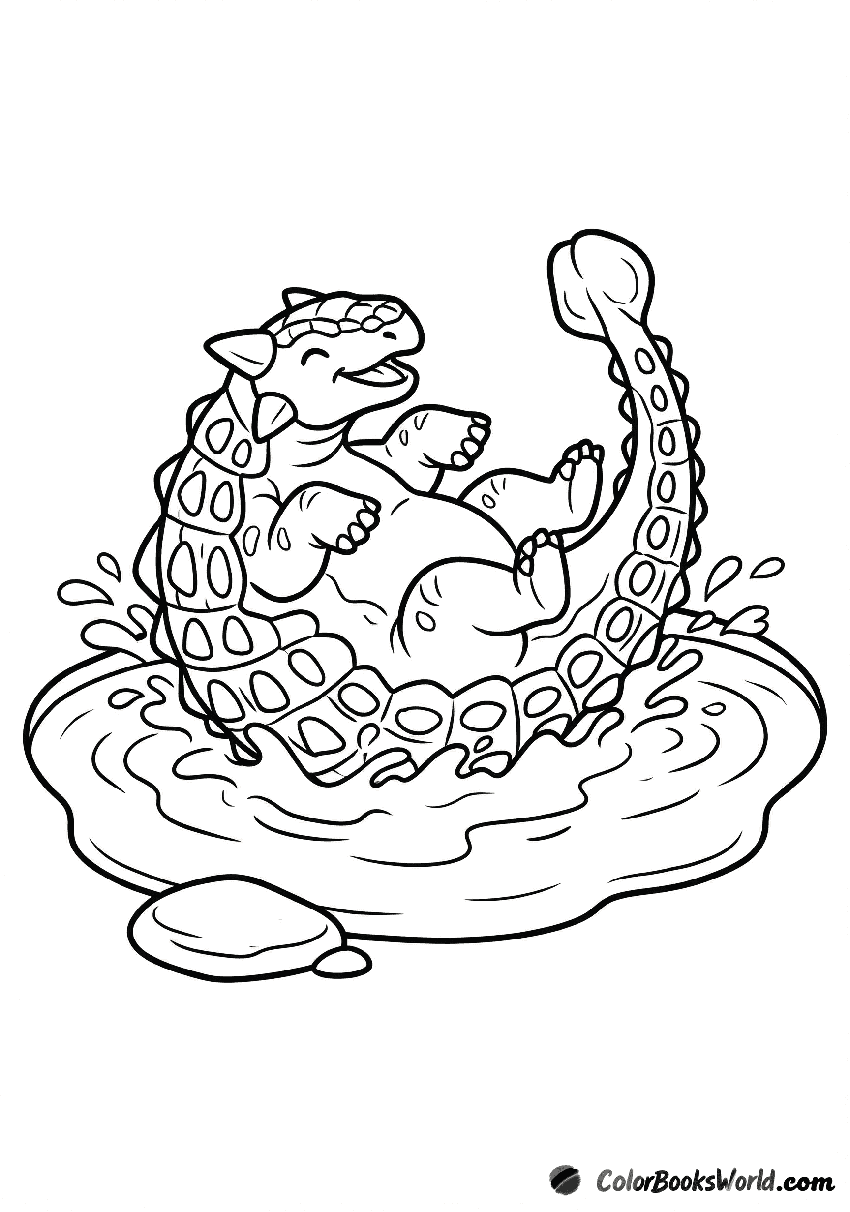 A friendly armored ankylosaurus relaxes in a shallow mud puddle beside a flat stone.