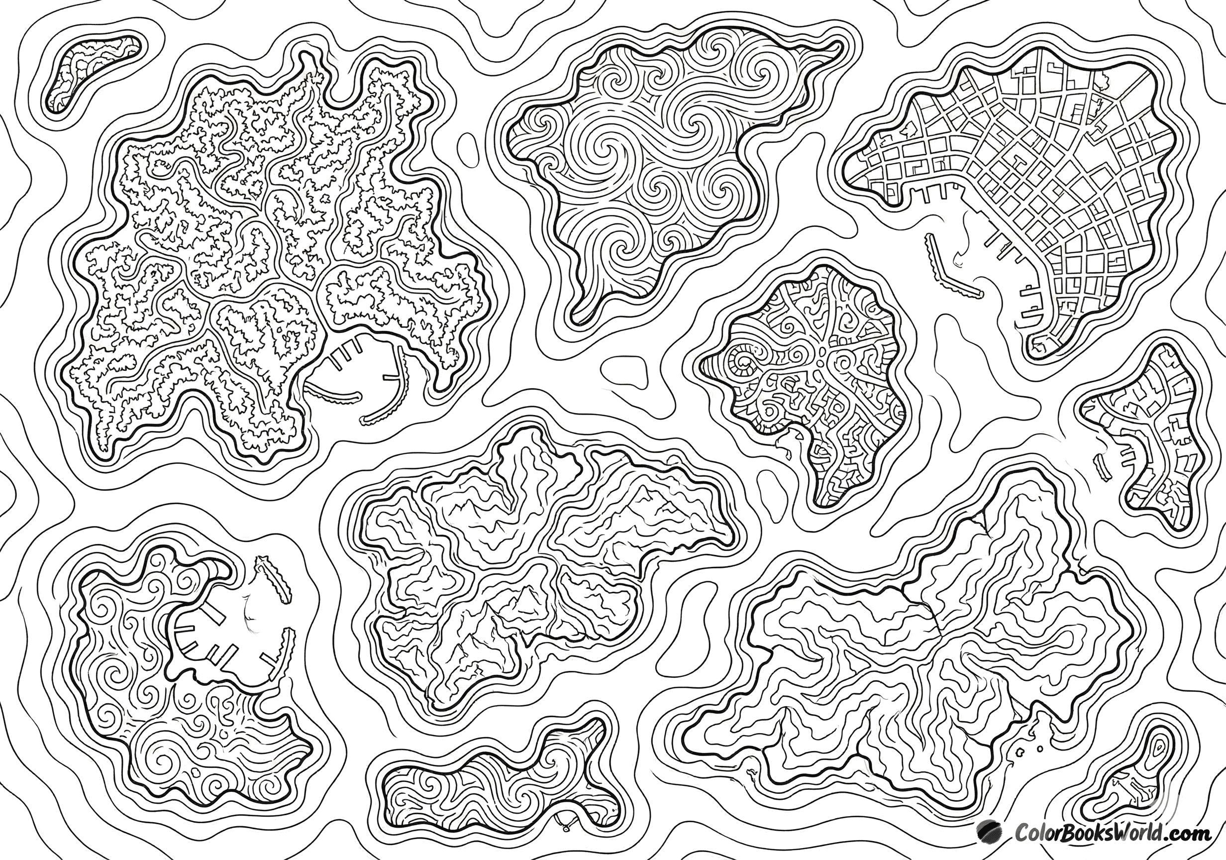 Intricate line art of an archipelago featuring islands with varied map textures and surrounding tidal lines.