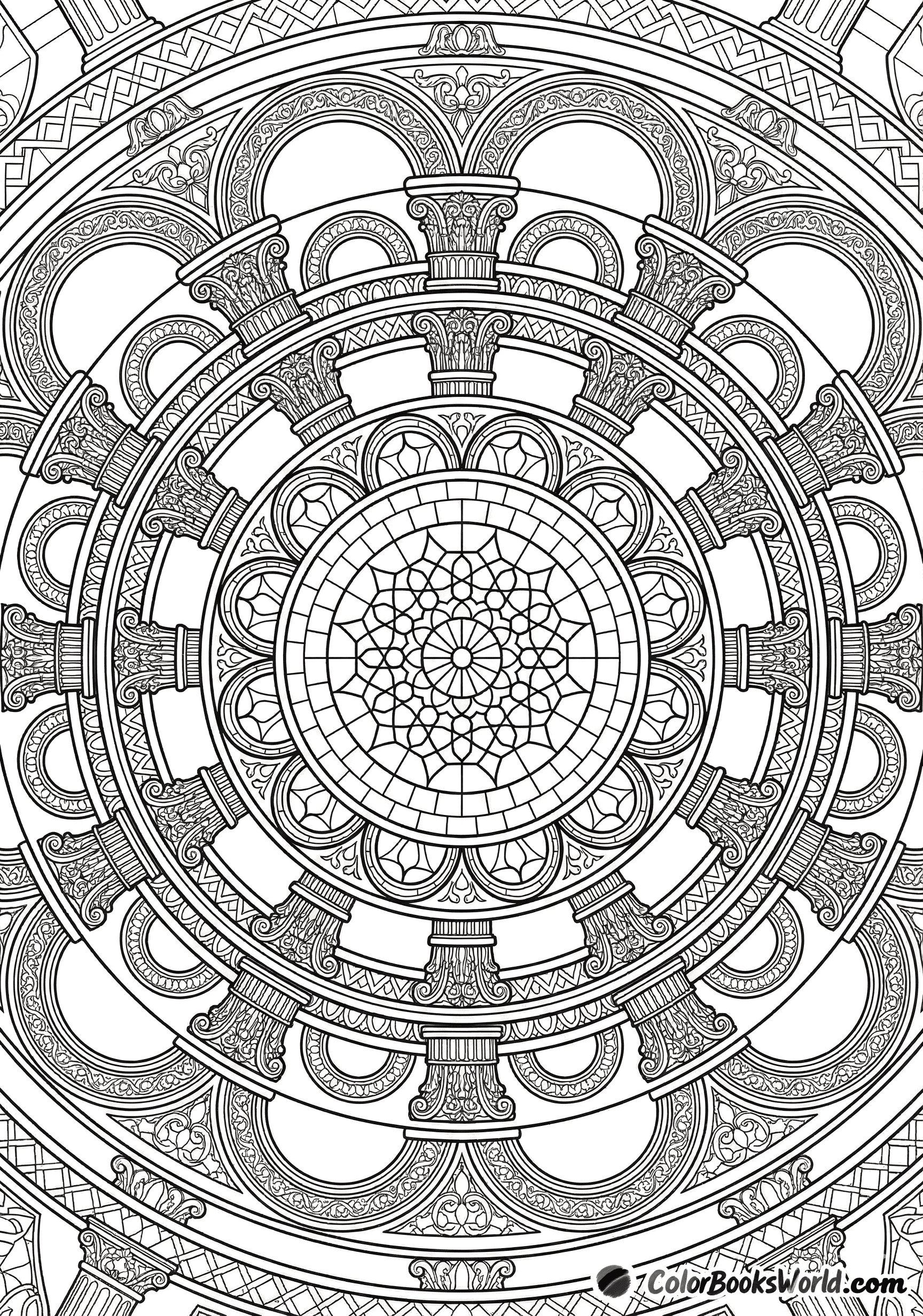 Intricate architectural mandala with classical columns, arches, and a central rose-window motif.