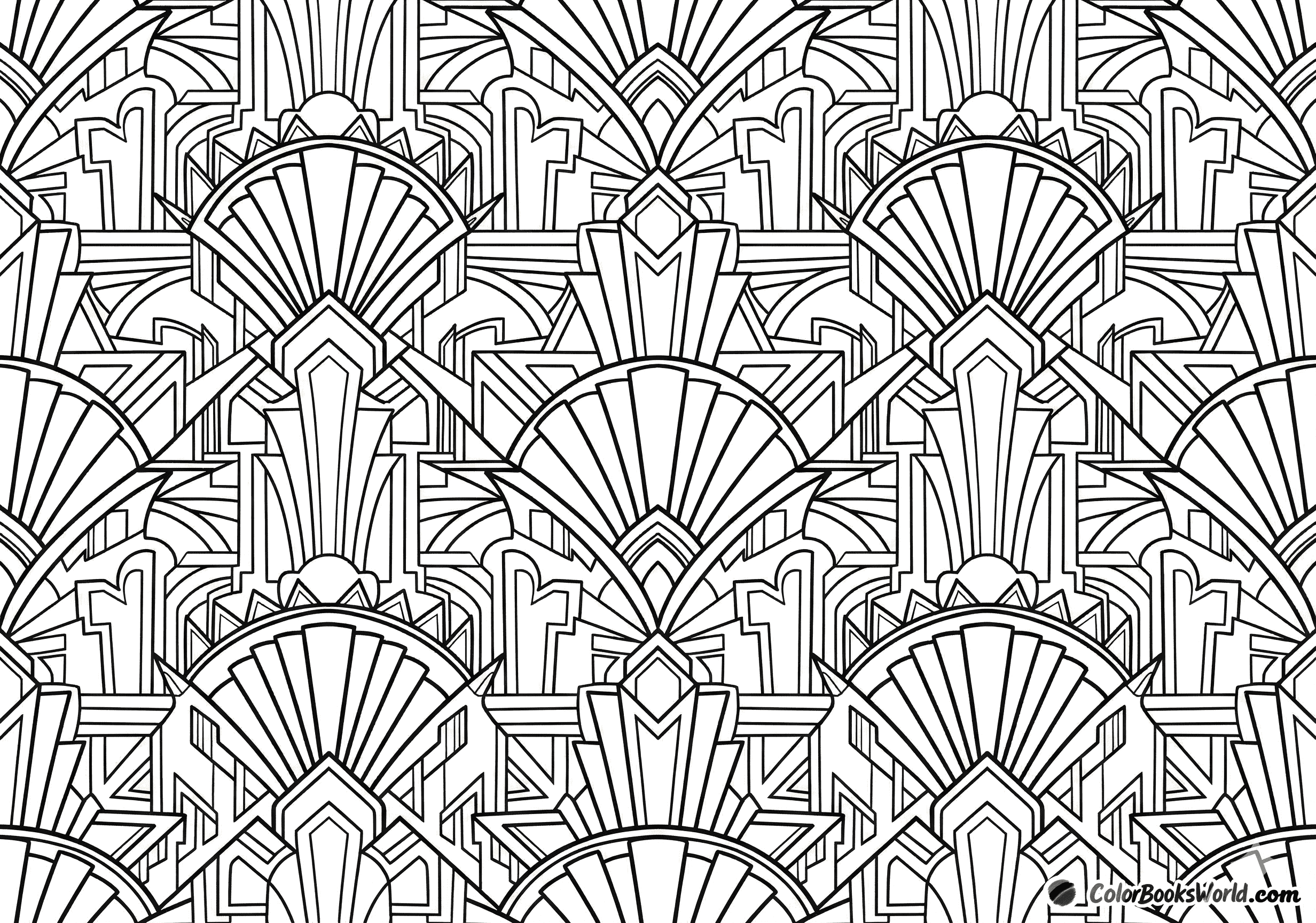 A sophisticated Art Deco pattern featuring fan motifs and stepped arches in clean black line art.