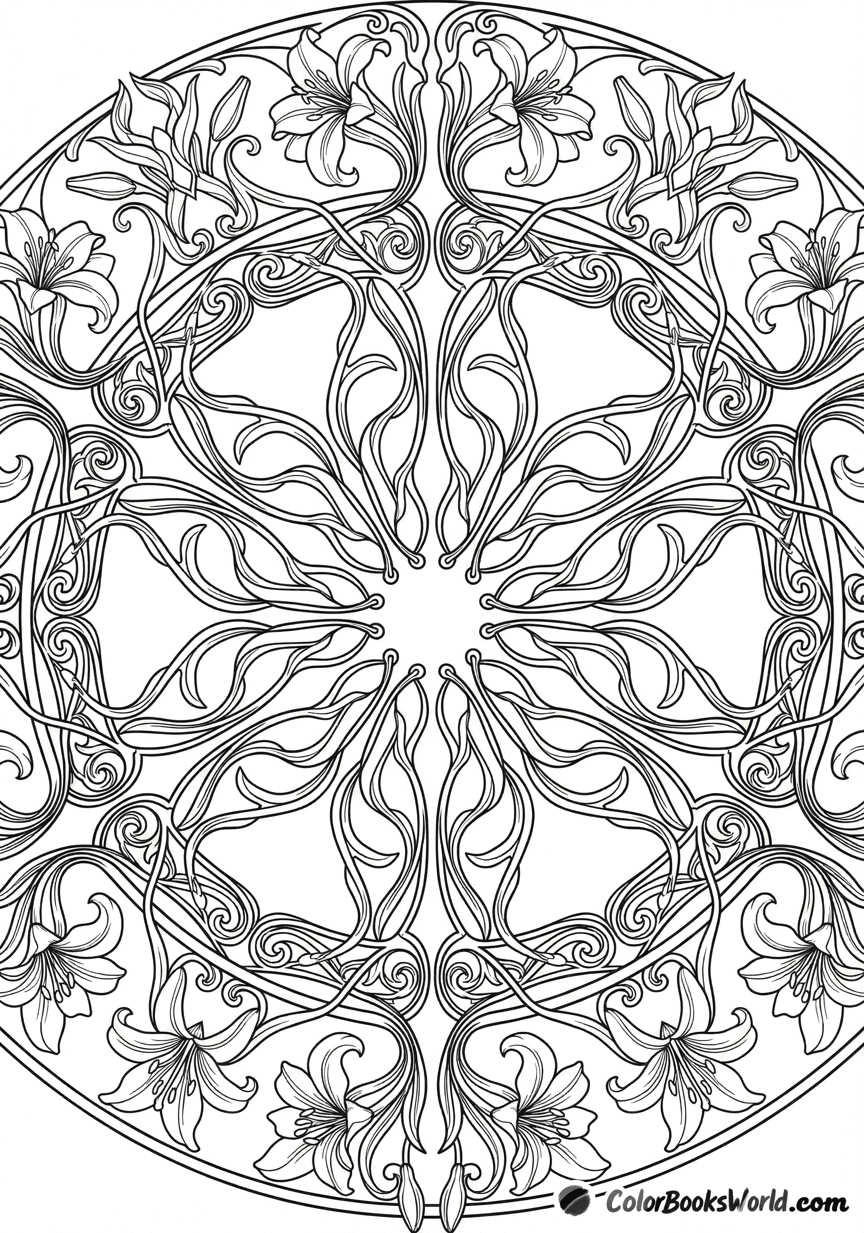 Symmetrisches Jugendstil-Mandala mit stilisierten Lilien und fließenden floralen Linien.