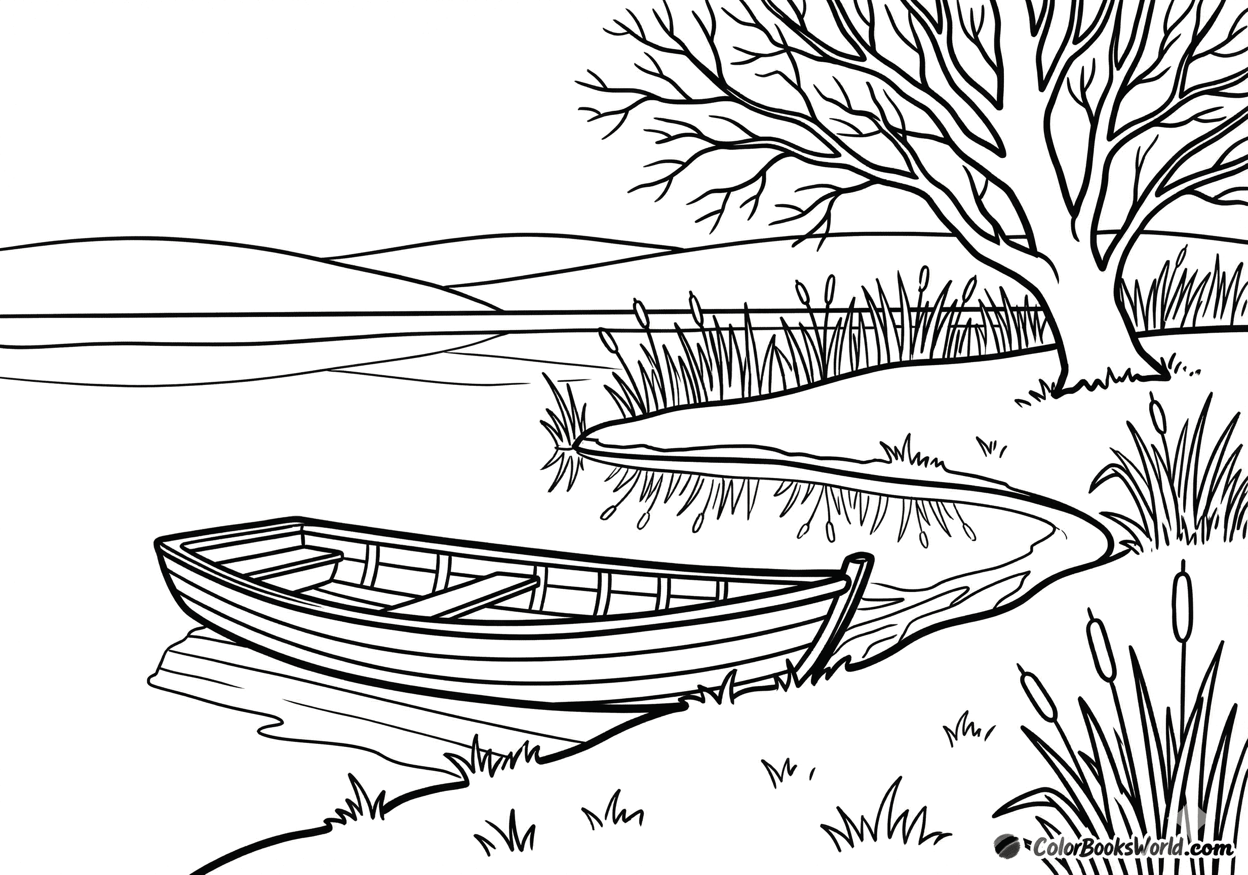 A calm lake with a wooden rowboat on the shore, a bare tree, and distant hills.