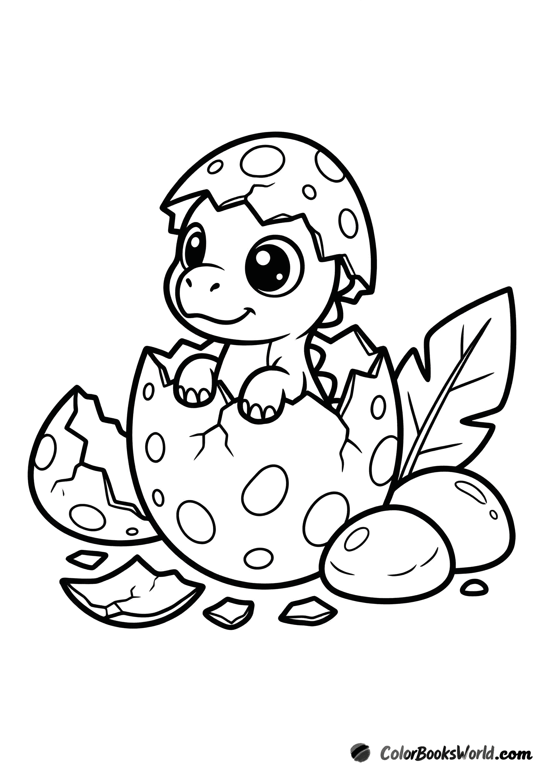 A cute baby dinosaur hatching from a large egg, with shell fragments, a smooth rock, and a leaf.