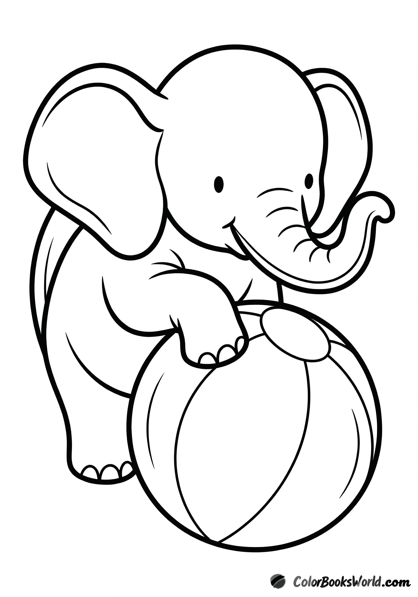 Um bebê elefante apoia a pata em uma grande bola listrada.