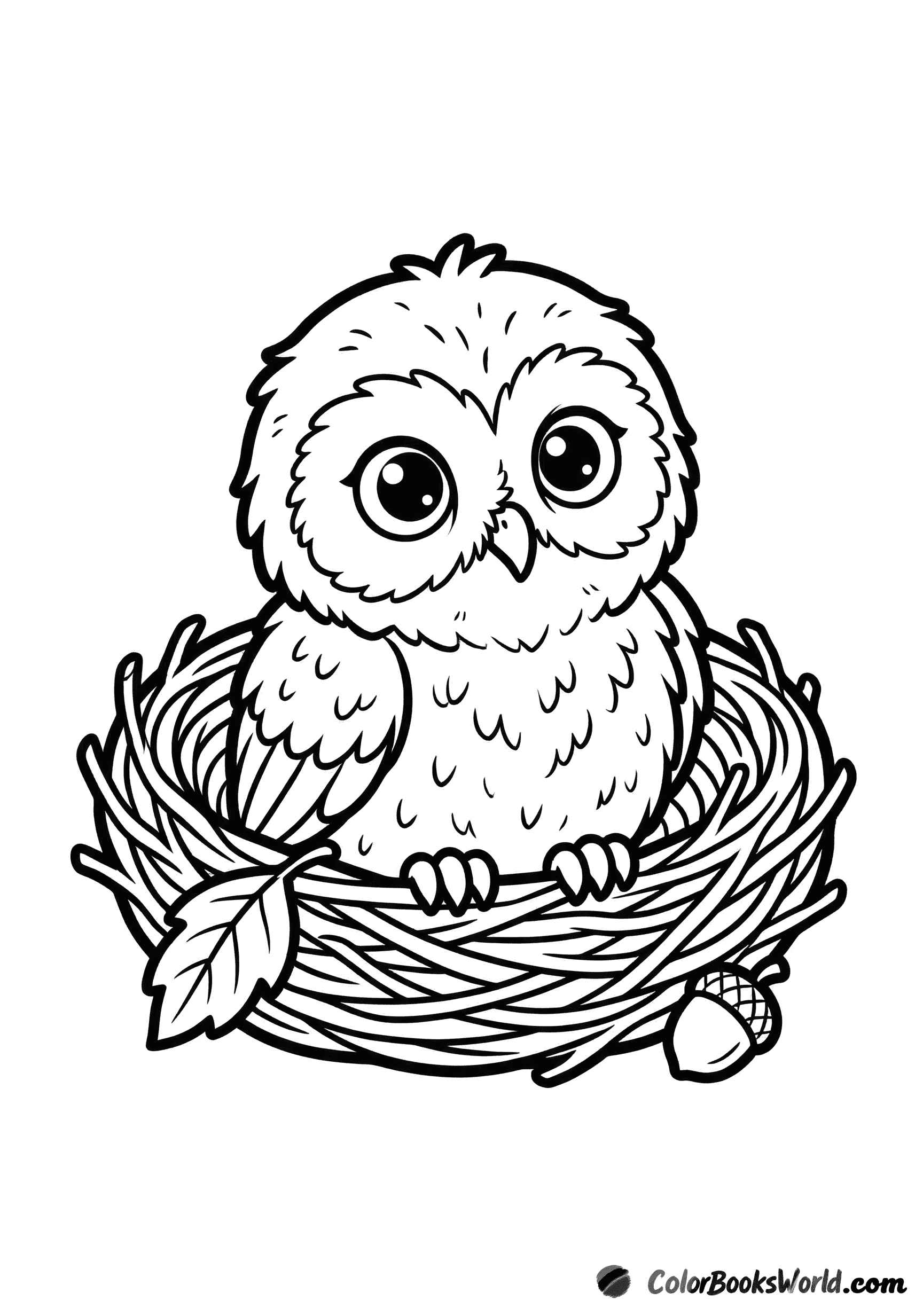 A baby owlet with big eyes sits in a round twig nest with a leaf and an acorn.