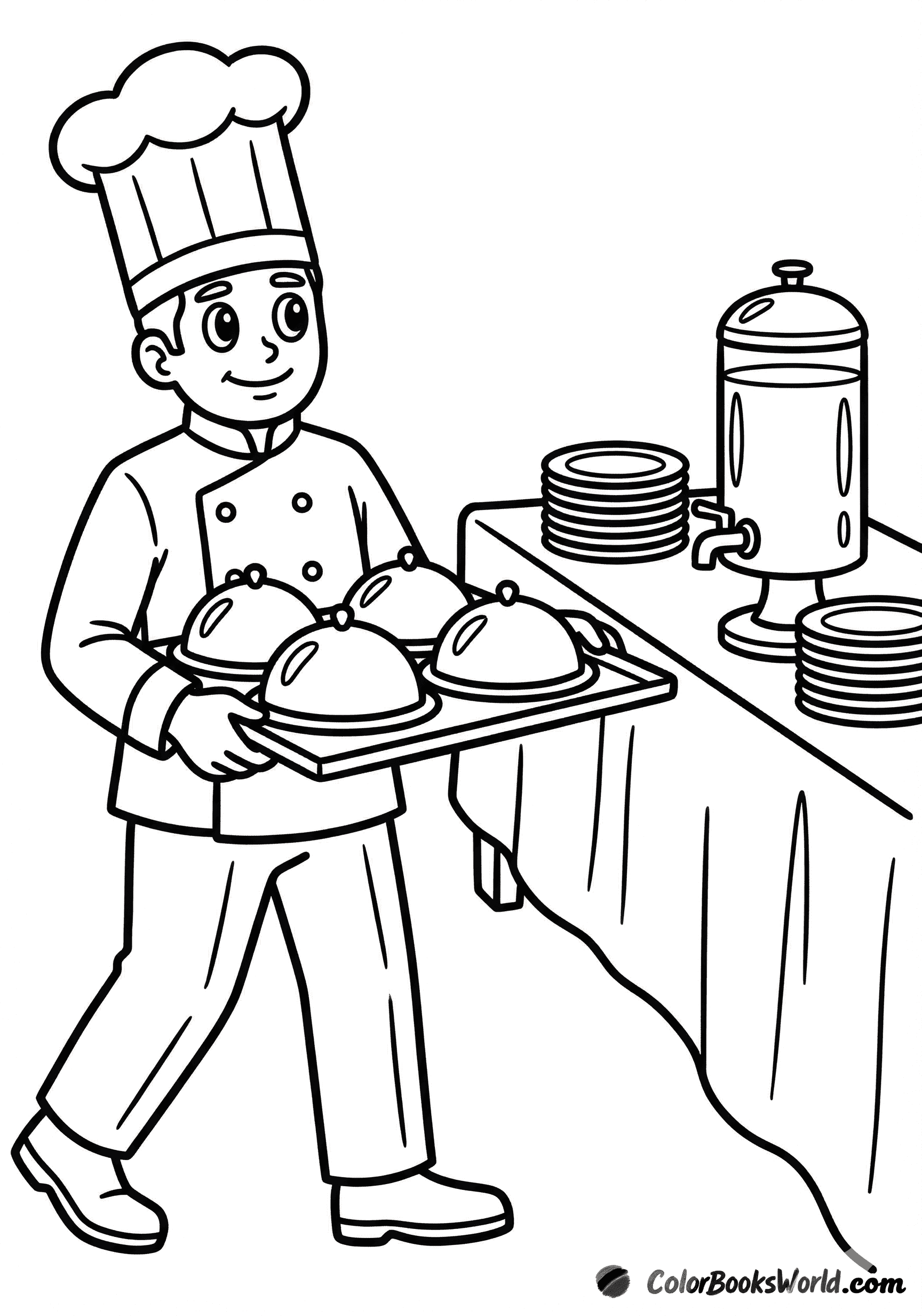 A chef in a tall hat carries a tray with four covered dishes past a buffet table with plates and a drink dispenser.